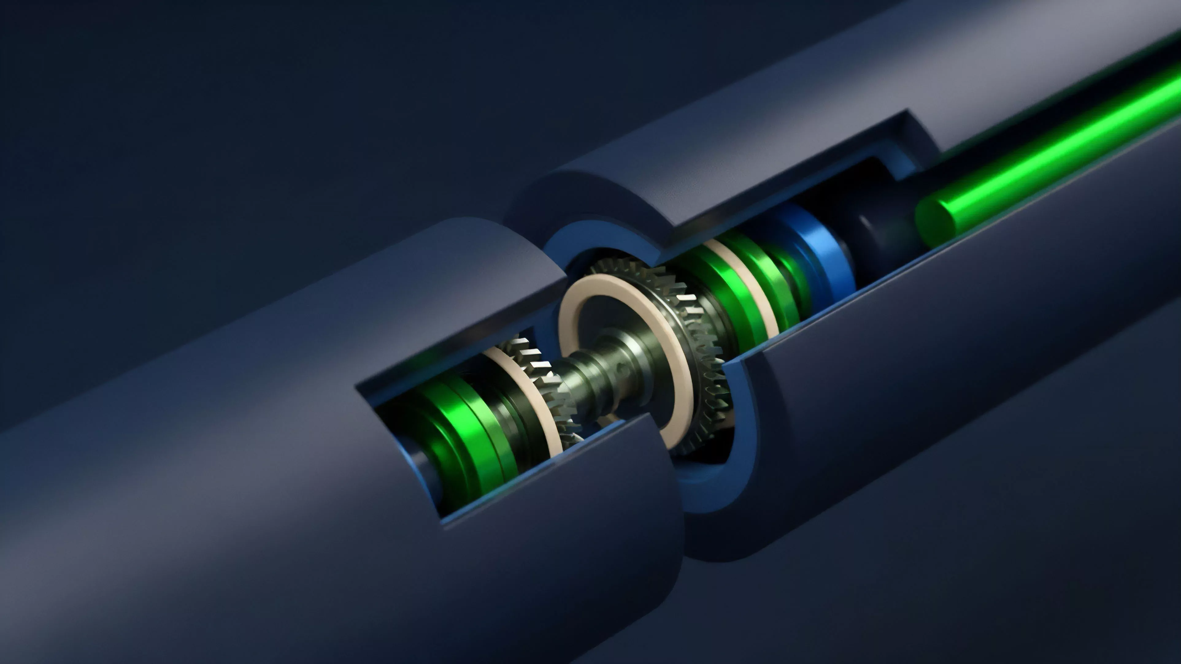 A detailed cutaway view of a mechanical component reveals a complex joint connecting two large cylindrical structures. Inside the joint, gears, shafts, and brightly colored rings green and blue form a precise mechanism, with a bright green rod extending through the right component