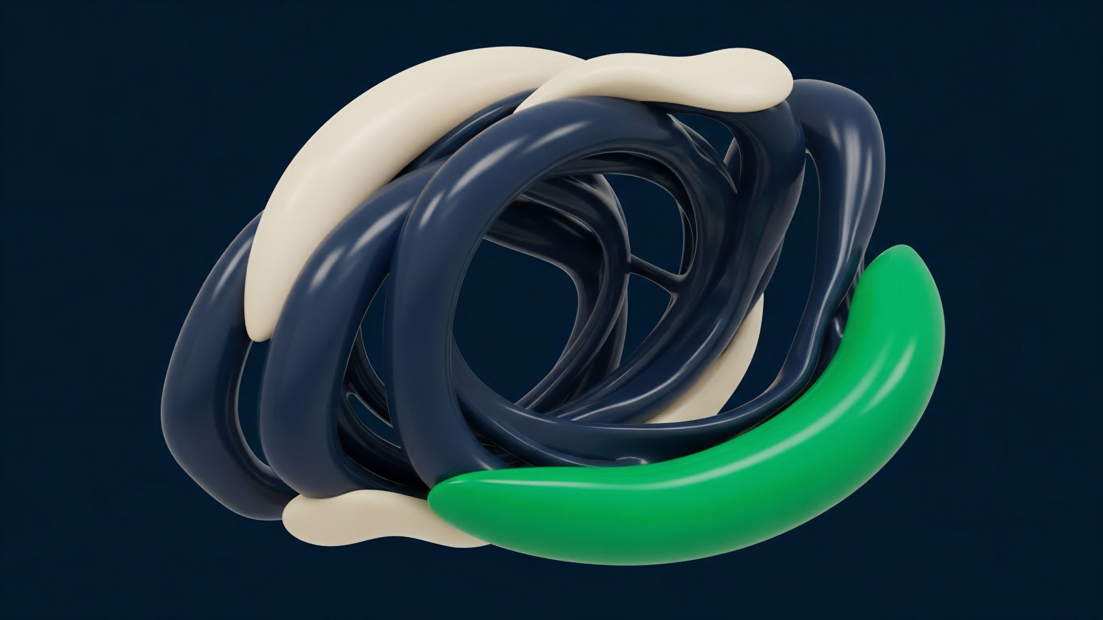 A high-resolution abstract sculpture features a complex entanglement of smooth, tubular forms. The primary structure is a dark blue, intertwined knot, accented by distinct cream and vibrant green segments