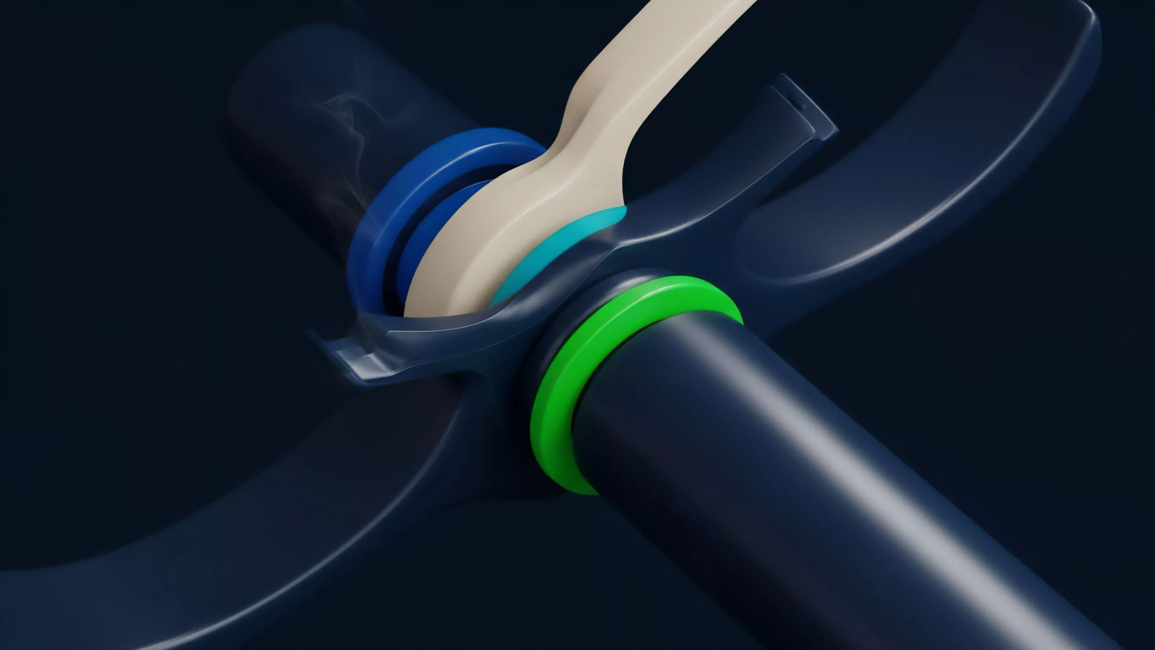 A close-up stylized visualization of a complex mechanical joint with dark structural elements and brightly colored rings. A central light-colored component passes through a dark casing, marked by green, blue, and cyan rings that signify distinct operational zones