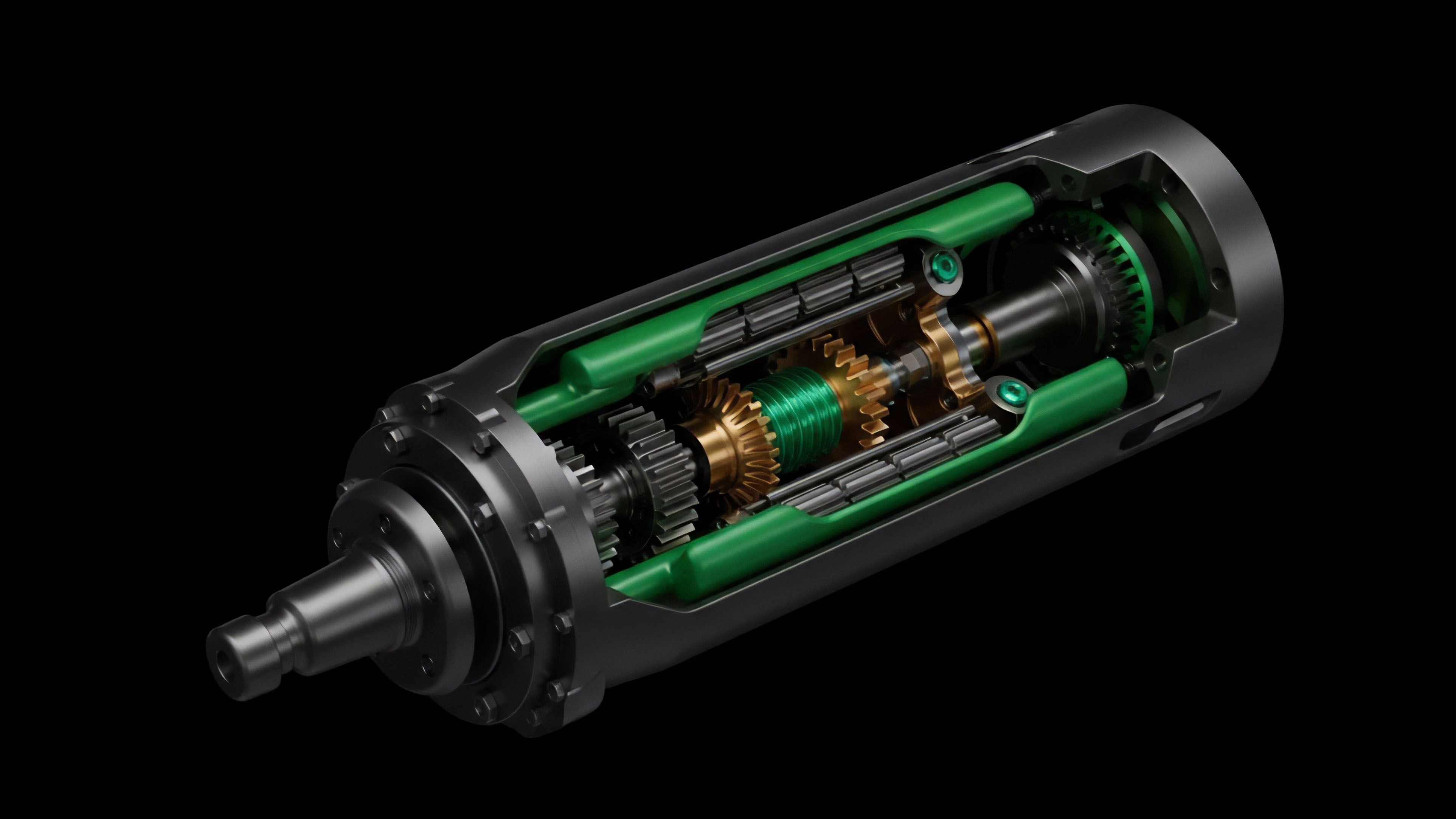 This professional 3D render displays a cutaway view of a complex mechanical device, similar to a high-precision gearbox or motor. The external casing is dark, revealing intricate internal components including various gears, shafts, and a prominent green-colored internal structure