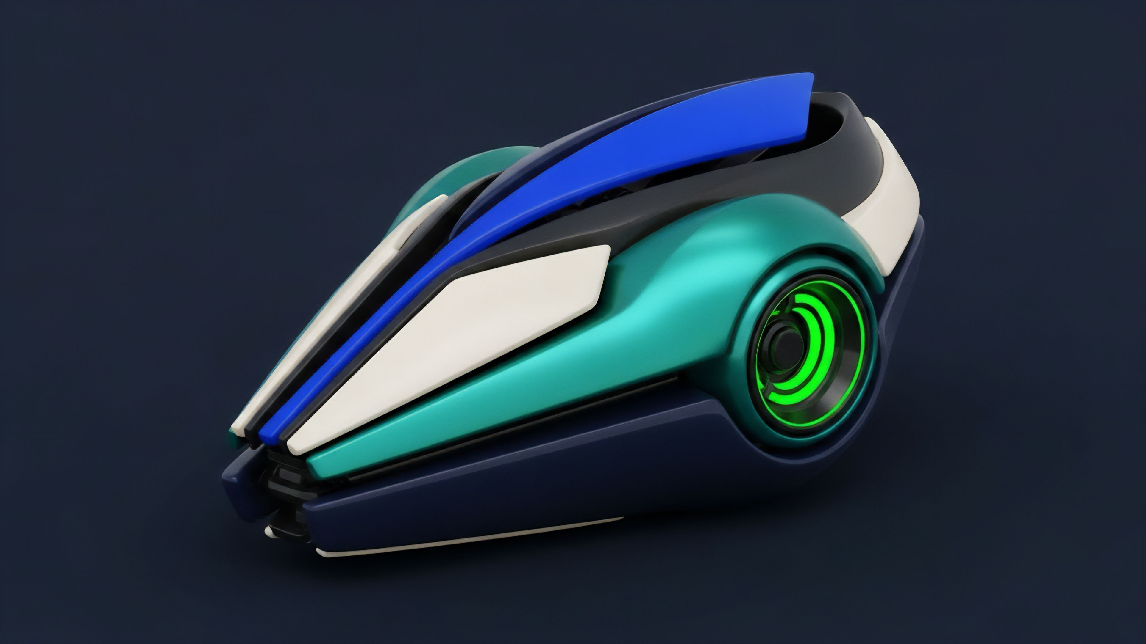 A sleek, futuristic object with a multi-layered design features a vibrant blue top panel, teal and dark blue base components, and stark white accents. A prominent circular element on the side glows bright green, suggesting an active interface or power source within the streamlined structure