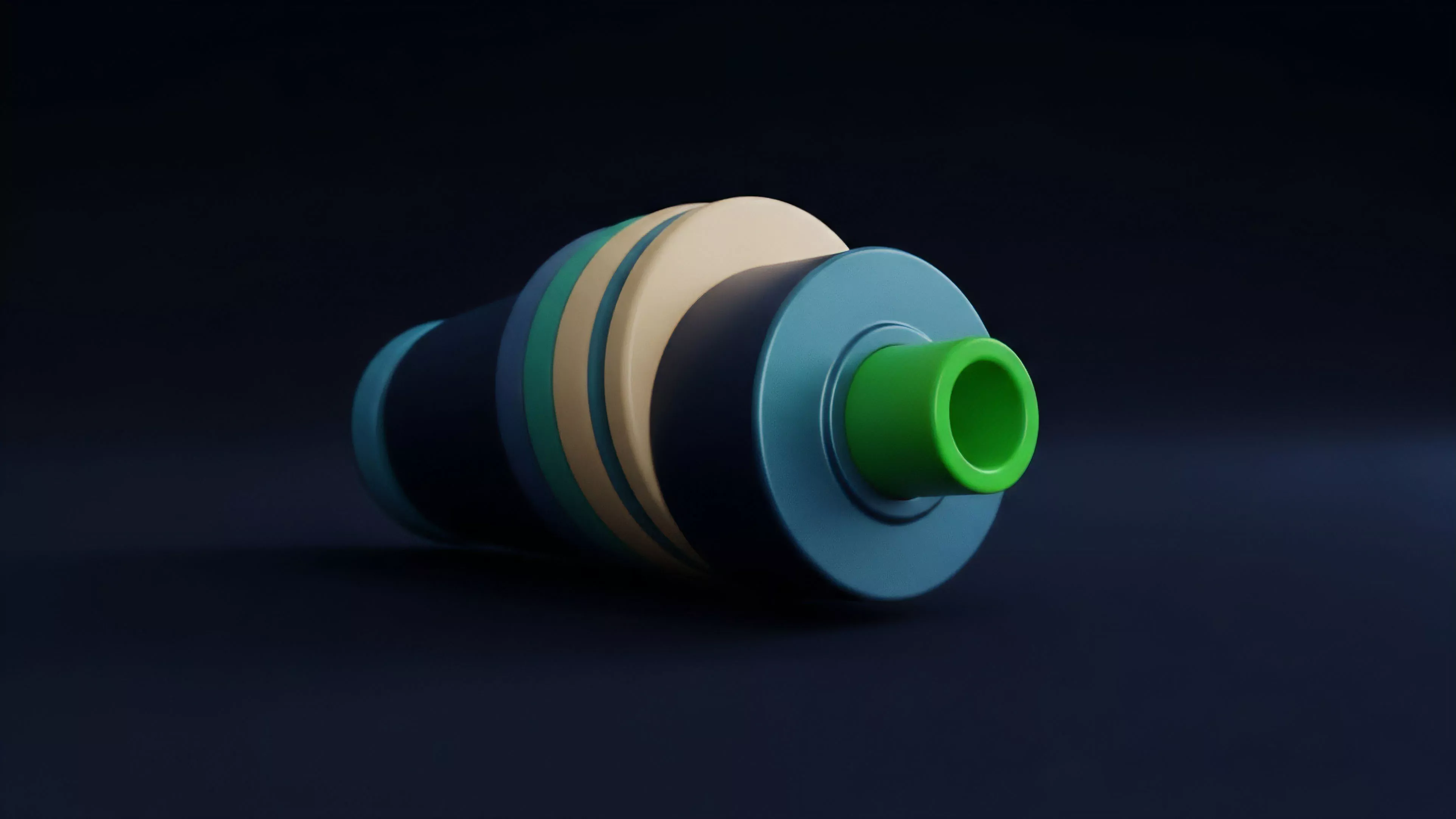 This image features a minimalist, cylindrical object composed of several layered rings in varying colors. The object has a prominent bright green inner core protruding from a larger blue outer ring