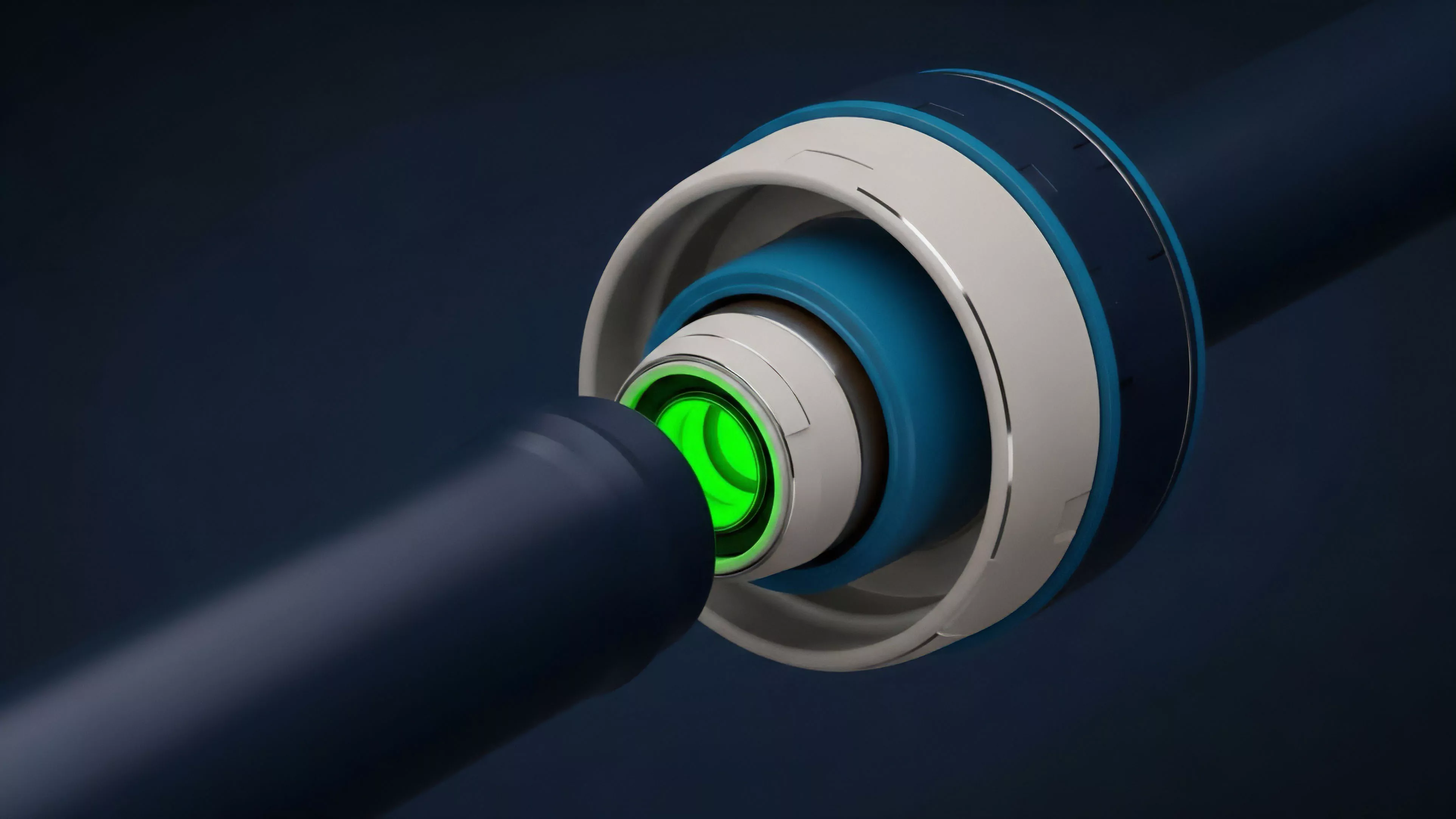 A detailed rendering shows a high-tech cylindrical component being inserted into another component's socket. The connection point reveals inner layers of a white and blue housing surrounding a core emitting a vivid green light