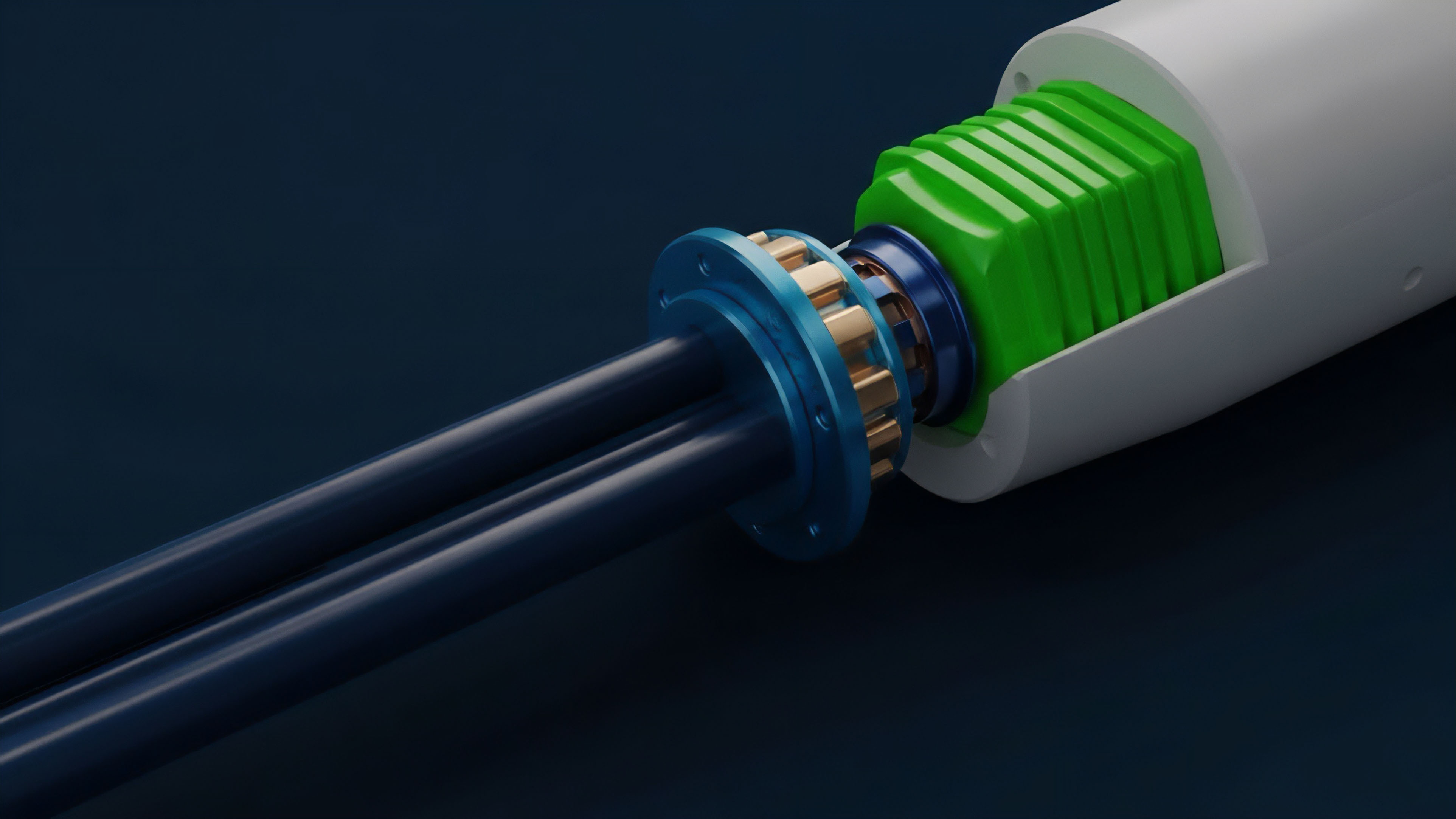 A detailed cross-section of a mechanical system reveals internal components: a vibrant green finned structure and intricate blue and bronze gears. This visual metaphor represents a sophisticated decentralized derivatives protocol, where the internal mechanism symbolizes the logic of an algorithmic execution engine. The precise components model collateral management and risk mitigation strategies. The system's output, represented by the dual rods, signifies the real-time calculation of payoff structures for exotic options while managing margin requirements and liquidity provision on a decentralized exchange.