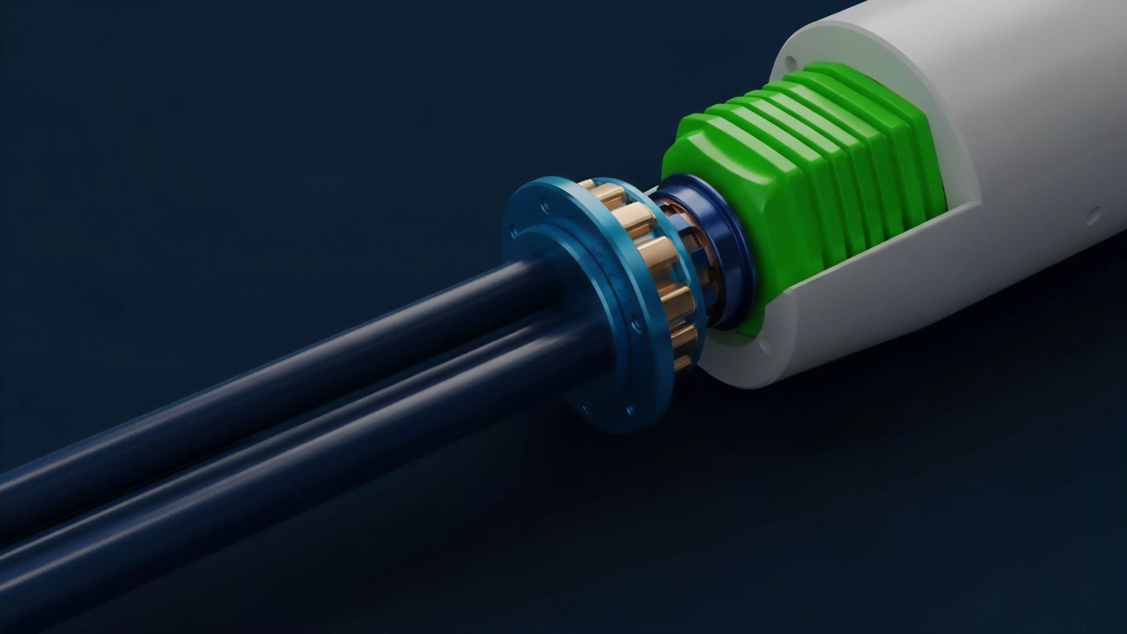 A detailed cross-section of a mechanical system reveals internal components: a vibrant green finned structure and intricate blue and bronze gears.