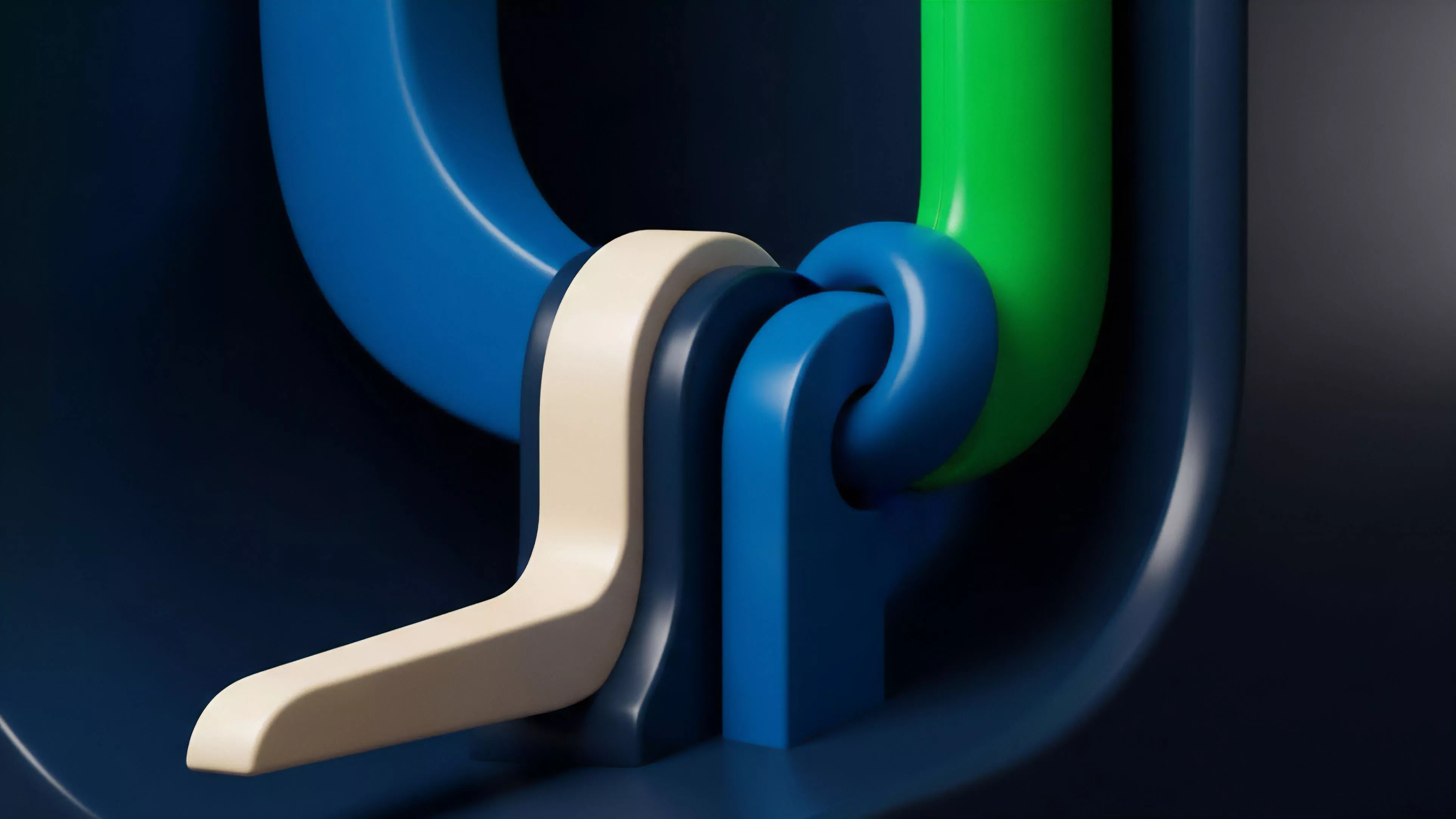 The abstract image displays multiple smooth, curved, interlocking components, predominantly in shades of blue, with a distinct cream-colored piece and a bright green section. The precise fit and connection points of these pieces create a complex mechanical structure suggesting a sophisticated hinge or automated system
