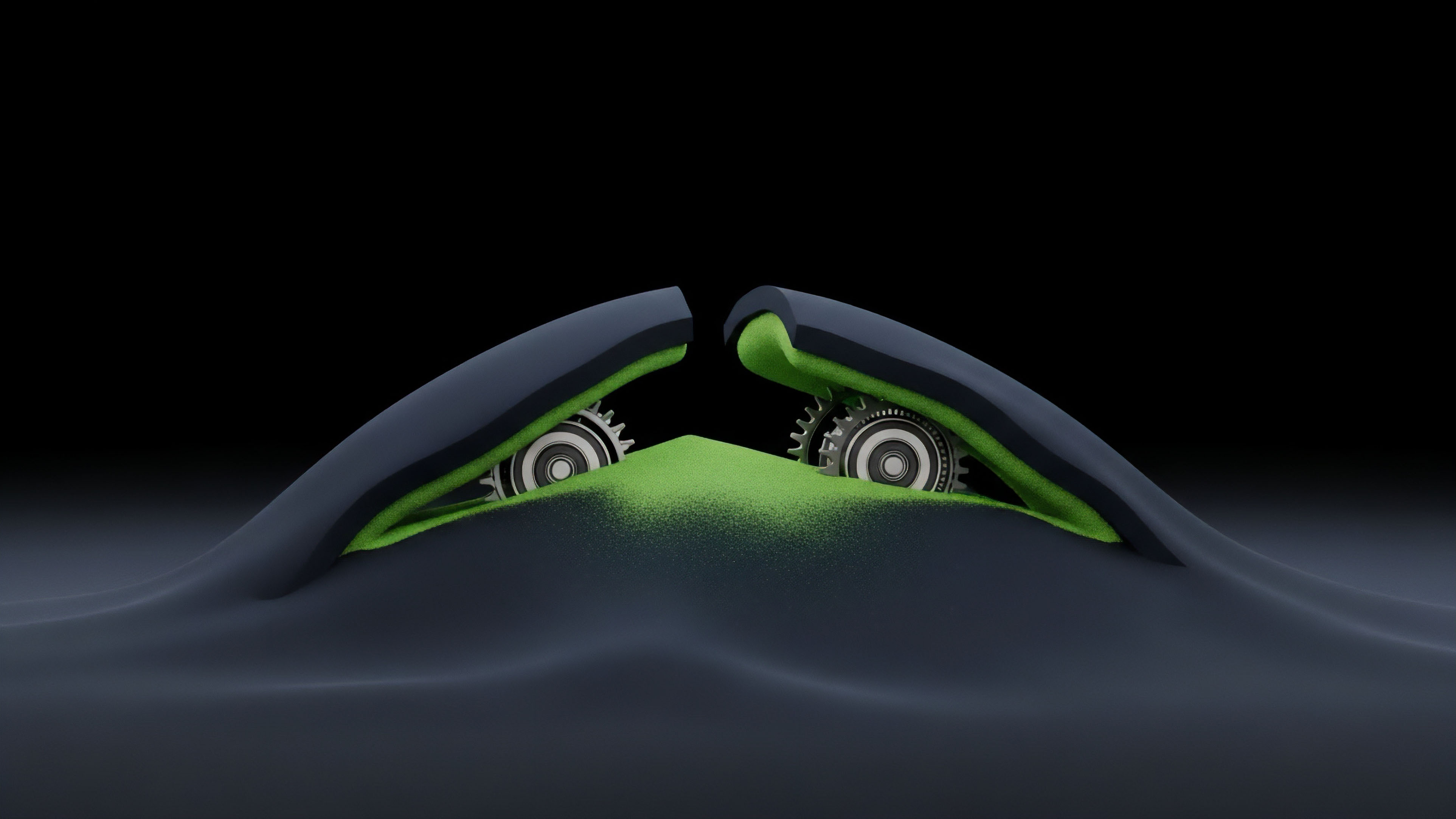 Abstract rendering depicting two mechanical structures emerging from a gray, volatile surface, revealing internal mechanisms. The structures frame a vibrant green substance, symbolizing deep liquidity or collateral within a Decentralized Finance DeFi protocol. Visible gears represent the complex algorithmic trading strategies and smart contract mechanisms governing options vault settlements. This illustrates a risk management protocol's response to market volatility, emphasizing automated governance and collateralized debt positions, essential for maintaining protocol stability through automated market maker functions.