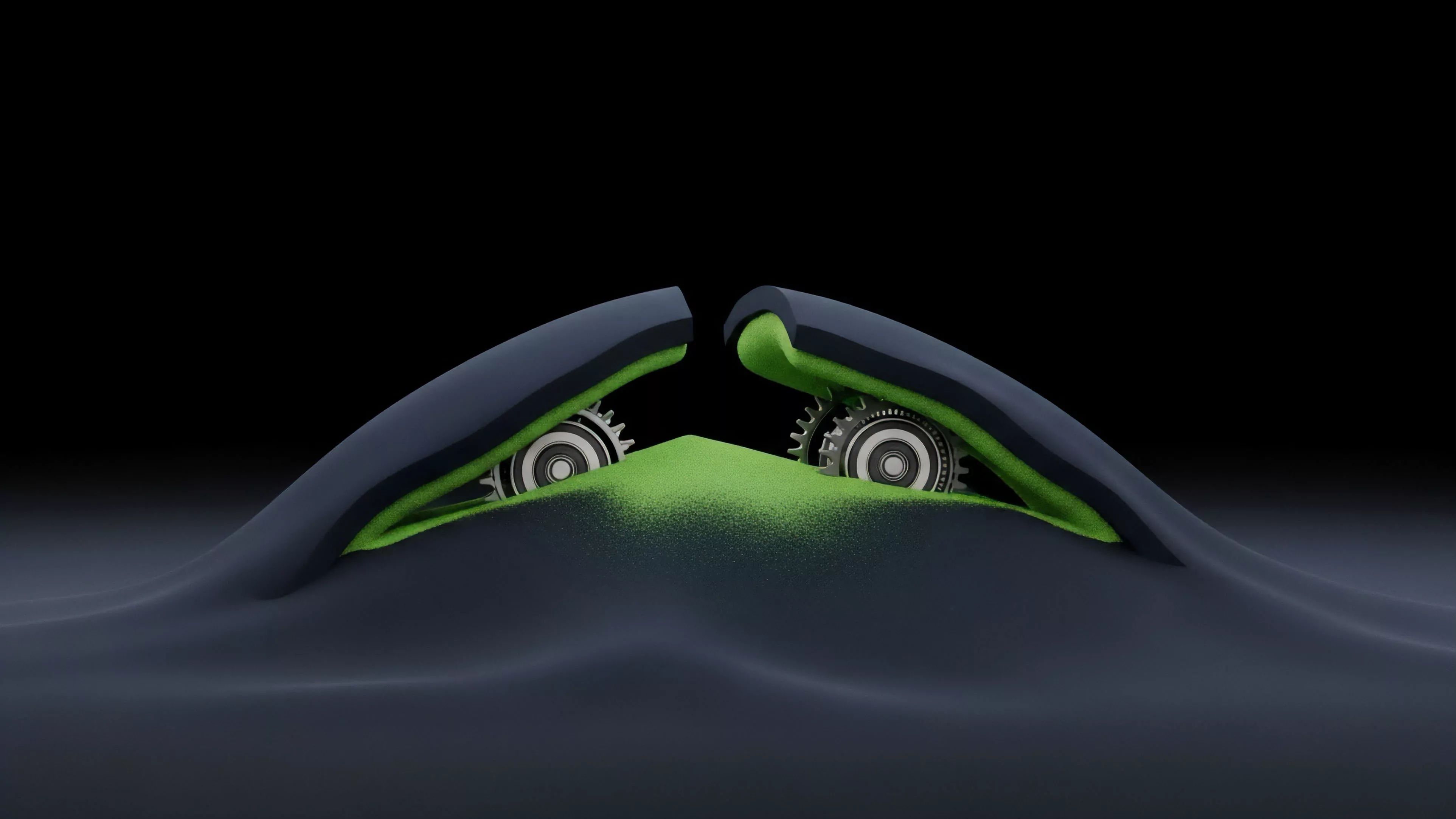 Abstract rendering depicting two mechanical structures emerging from a gray, volatile surface, revealing internal mechanisms. The structures frame a vibrant green substance, symbolizing deep liquidity or collateral within a Decentralized Finance DeFi protocol. Visible gears represent the complex algorithmic trading strategies and smart contract mechanisms governing options vault settlements. This illustrates a risk management protocol's response to market volatility, emphasizing automated governance and collateralized debt positions, essential for maintaining protocol stability through automated market maker functions.