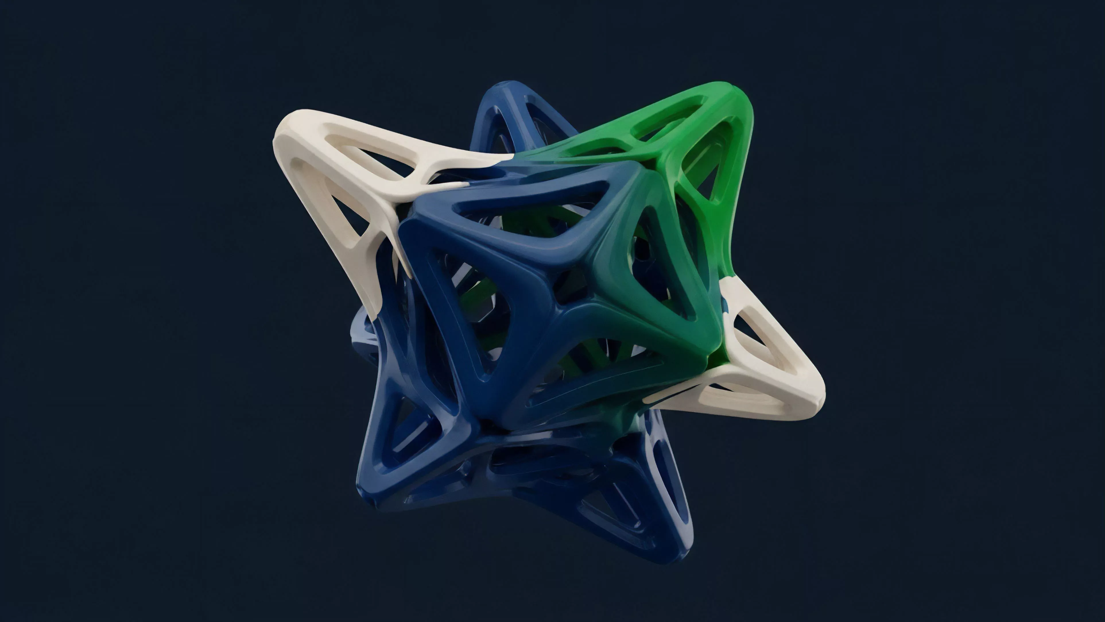 A complex, interconnected geometric form, rendered in high detail, showcases a mix of white, deep blue, and verdant green segments. The structure appears to be a digital or physical prototype, highlighting intricate, interwoven facets that create a dynamic, star-like shape against a dark, featureless background