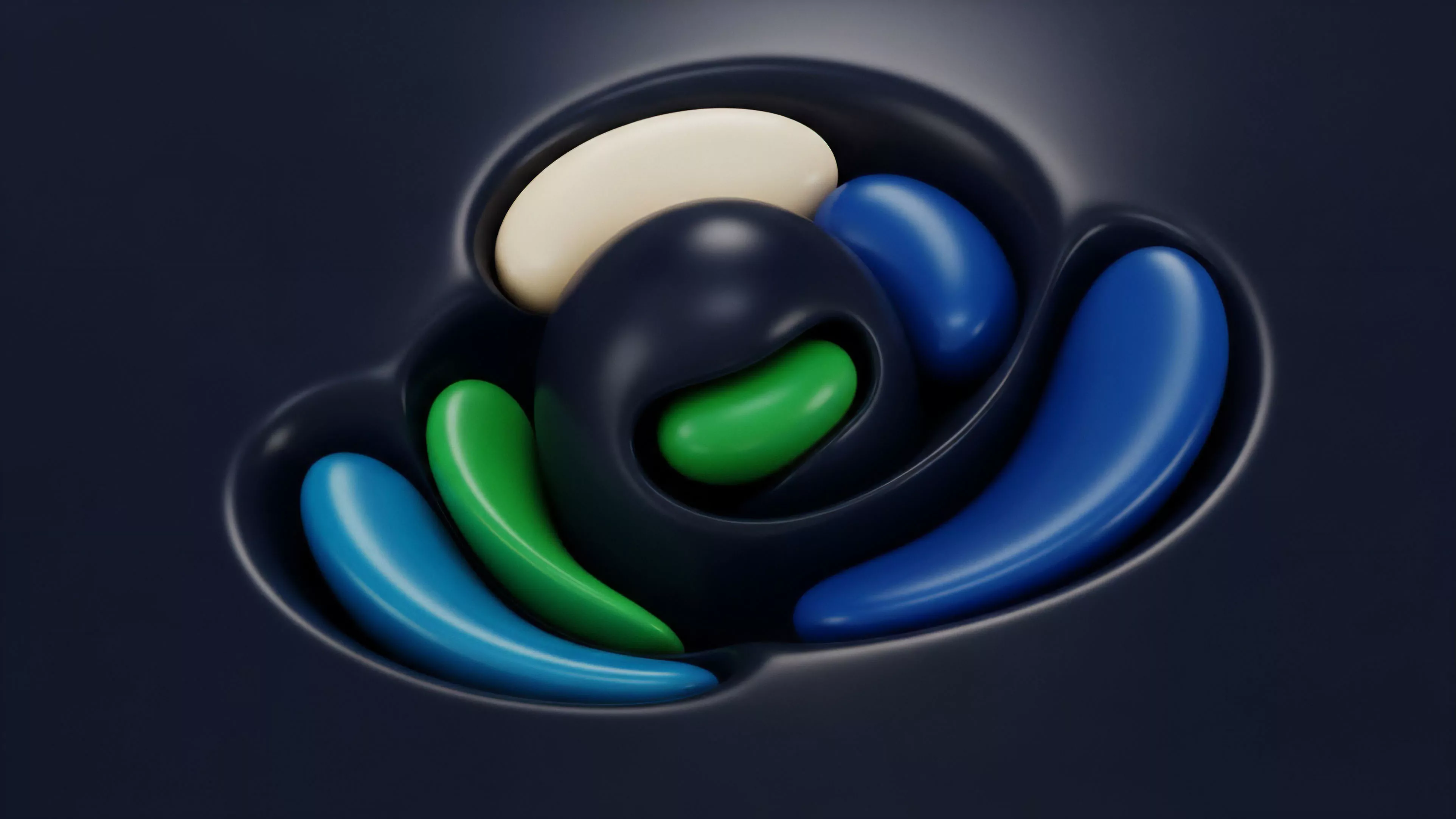 A dark, stylized cloud-like structure encloses multiple rounded, bean-like elements in shades of cream, light green, and blue. This visual metaphor captures the intricate architecture of a decentralized autonomous organization DAO or a specific DeFi protocol