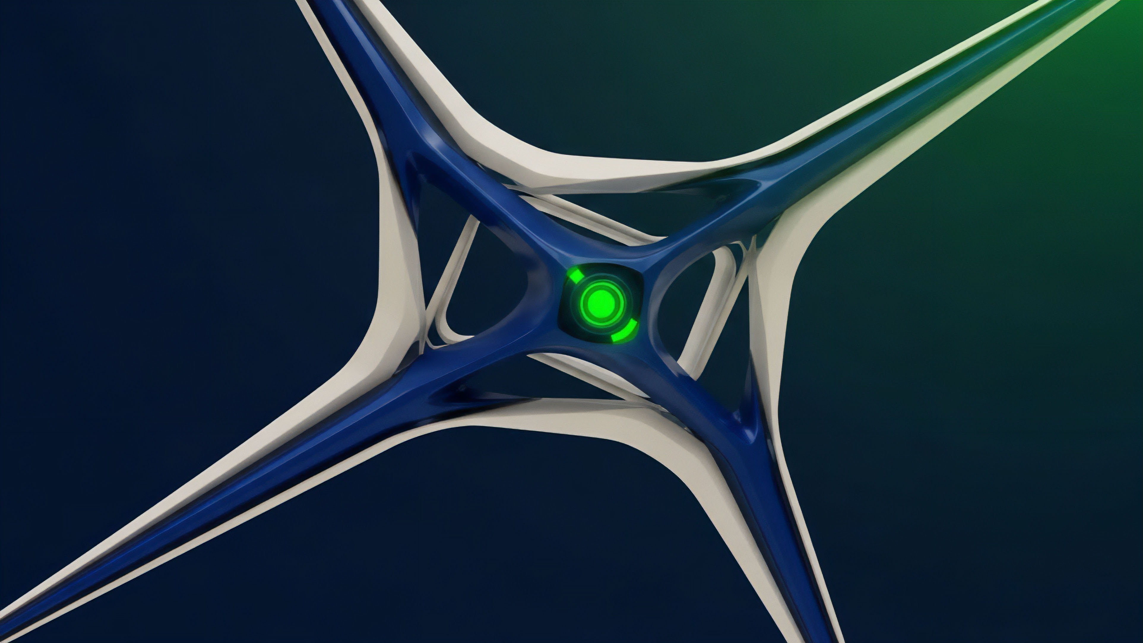 A futuristic, four-armed structure in deep blue and white, centered on a bright green glowing core, symbolizes a decentralized network architecture where a consensus mechanism validates smart contracts. The four arms represent different legs of a complex derivatives instrument, like a multi-asset portfolio, requiring sophisticated risk diversification strategies. The design captures the essence of high-frequency trading and algorithmic trading, highlighting rapid execution order flow and market microstructure dynamics within a scalable liquidity protocol environment.