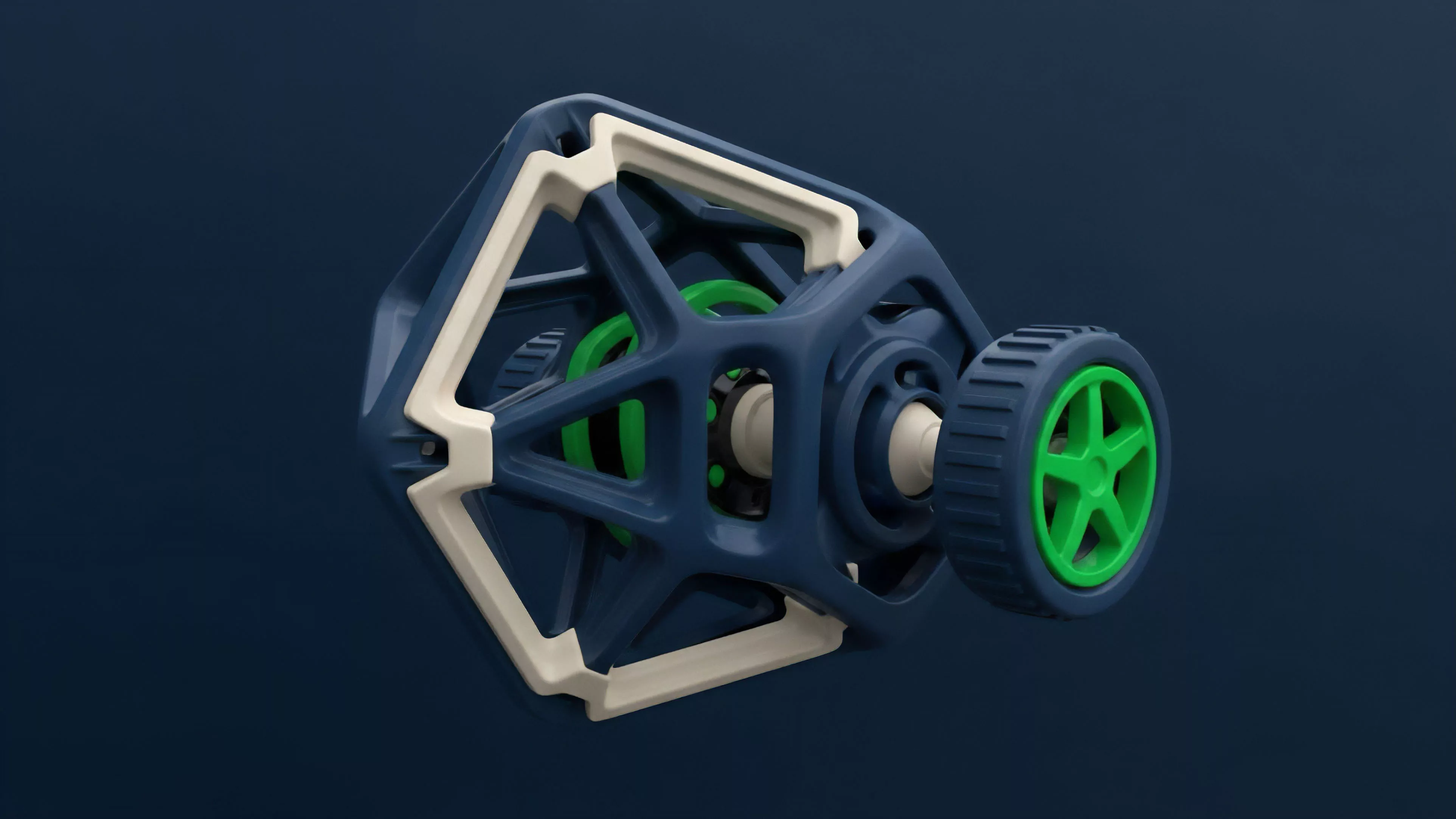 A high-tech object features a large, dark blue cage-like structure with lighter, off-white segments and a wheel with a vibrant green hub. The structure encloses complex inner workings, suggesting a sophisticated mechanism