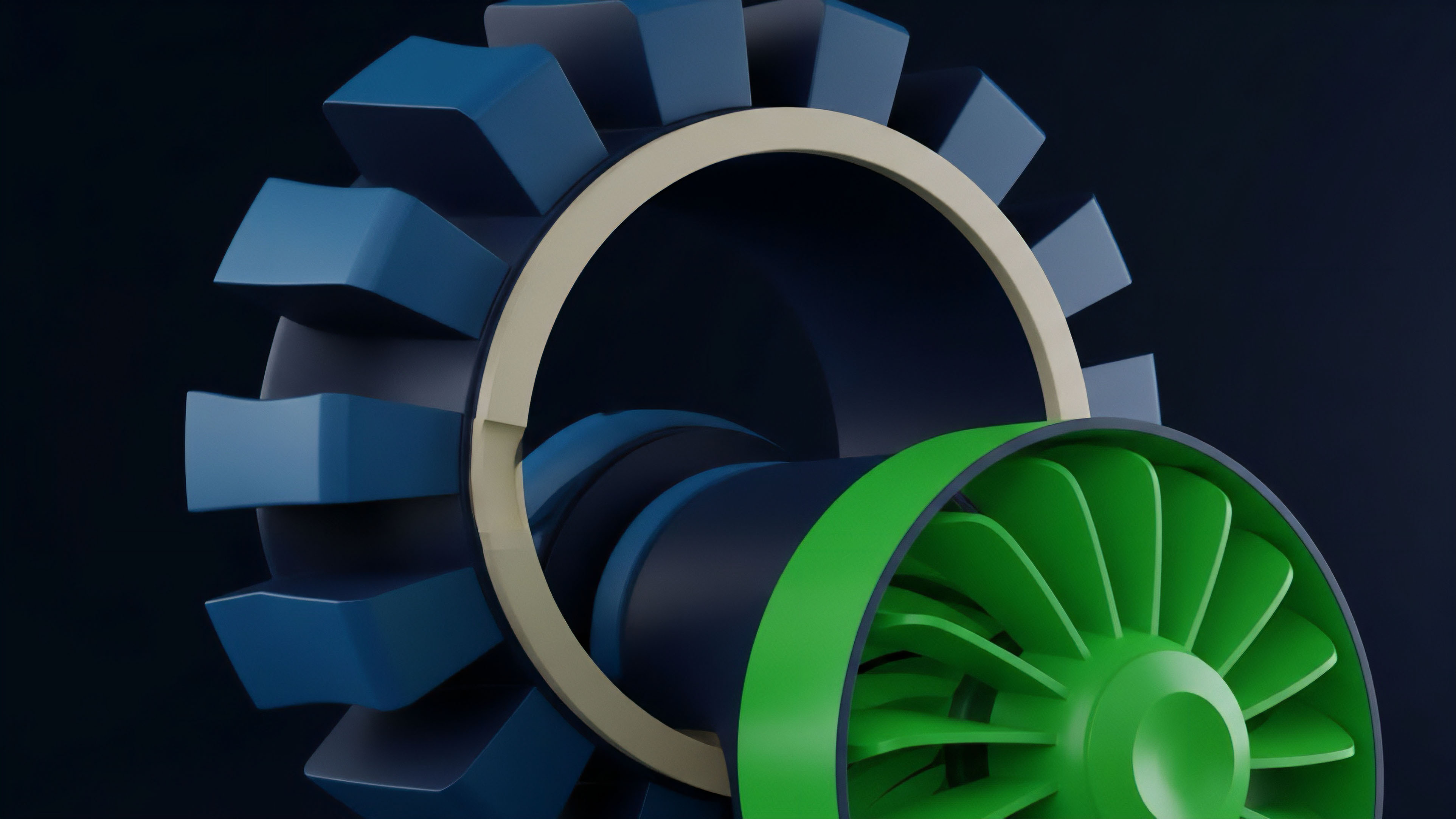 A mechanical illustration representing a high-speed transaction processing pipeline within a decentralized finance protocol. The bright green fan symbolizes high-velocity liquidity provision by an automated market maker AMM or a high-frequency trading engine. The larger blue-bladed section models a complex smart contract architecture for on-chain derivatives. The light-colored ring acts as the settlement layer or collateralization requirement, managing risk and capital efficiency across different options contracts or futures tranches within the protocol.