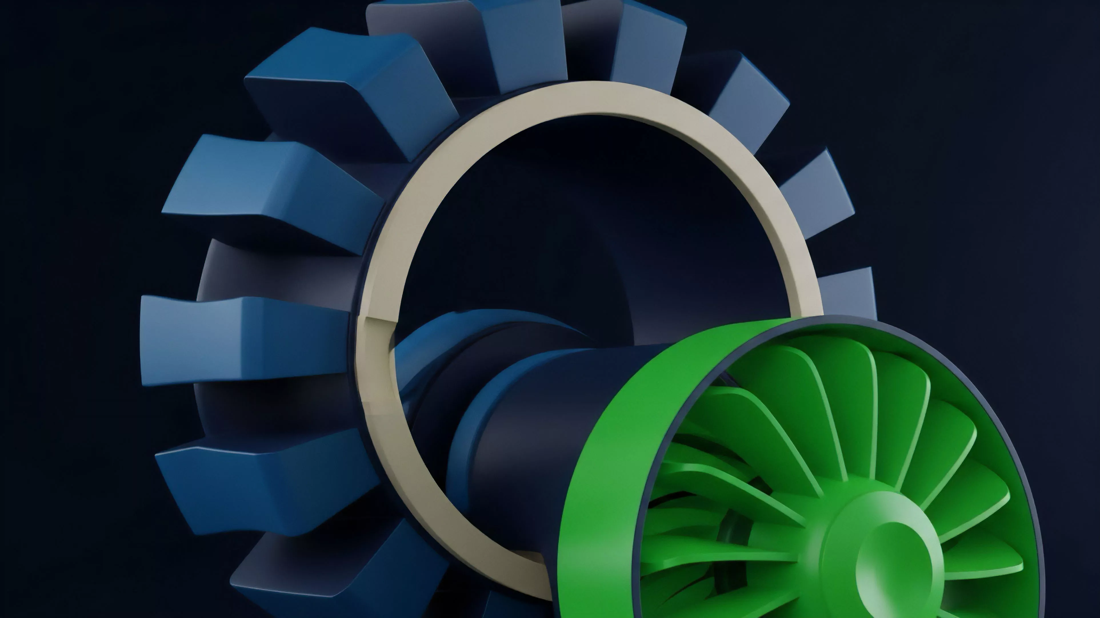 A detailed 3D rendering showcases the internal components of a high-performance mechanical system. The composition features a blue-bladed rotor assembly alongside a smaller, bright green fan or impeller, interconnected by a central shaft and a cream-colored structural ring