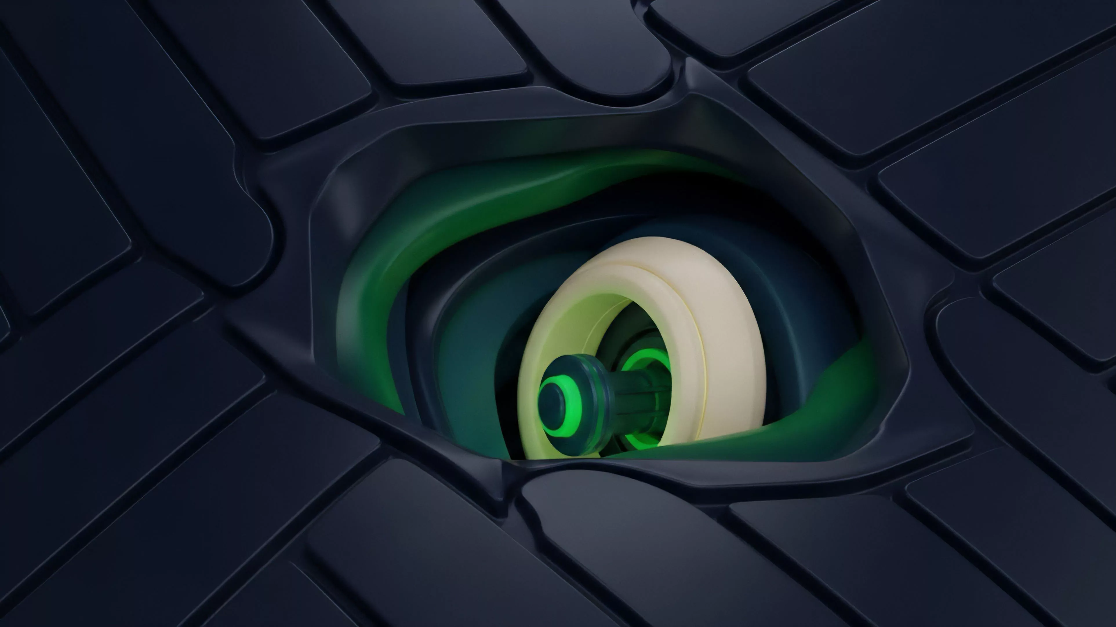 A segmented dark surface features a central hollow revealing a complex, luminous green mechanism with a pale wheel component.