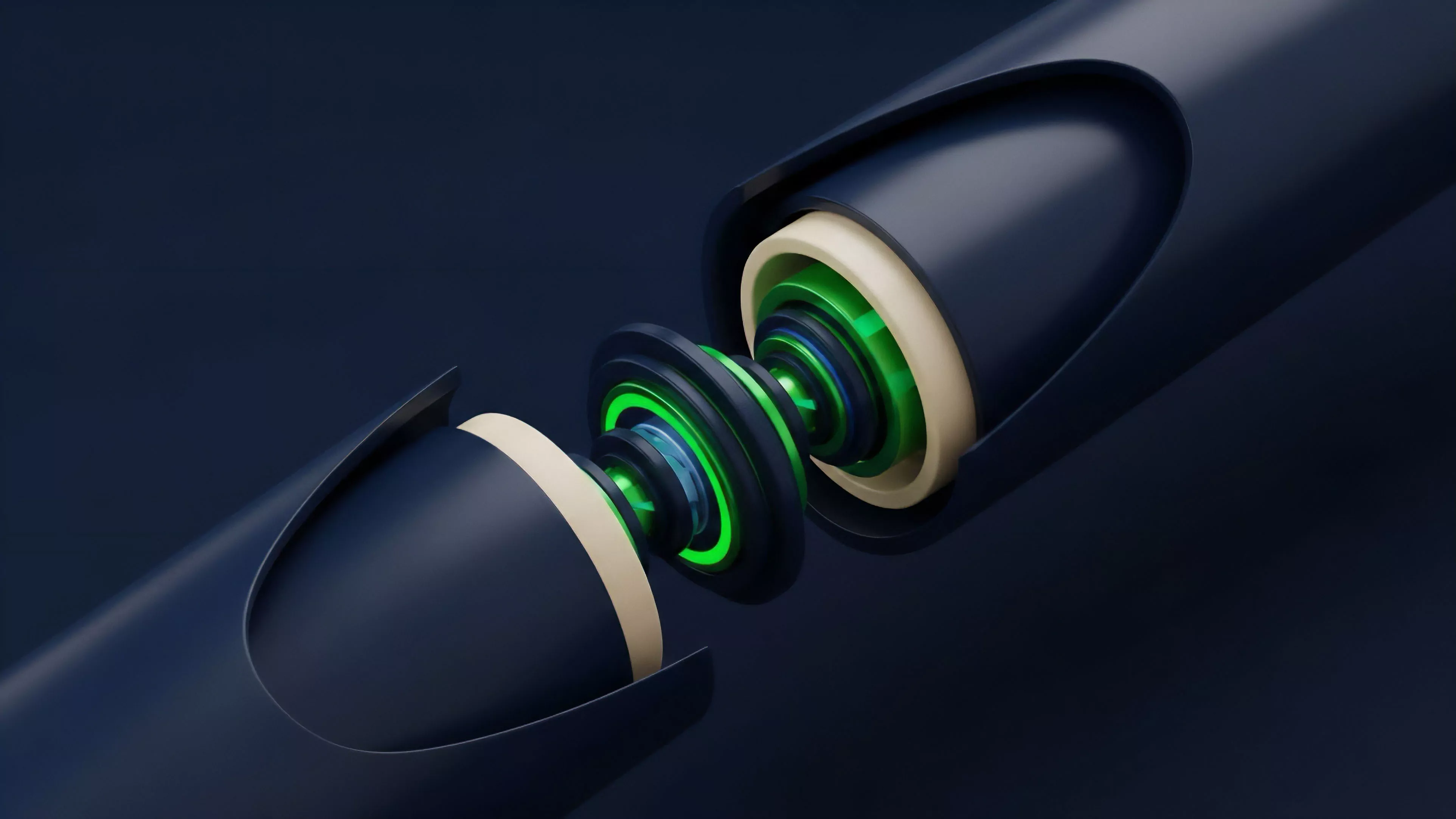 This visualization depicts a high-tech mechanism where two components separate, revealing intricate layers and a glowing green core.