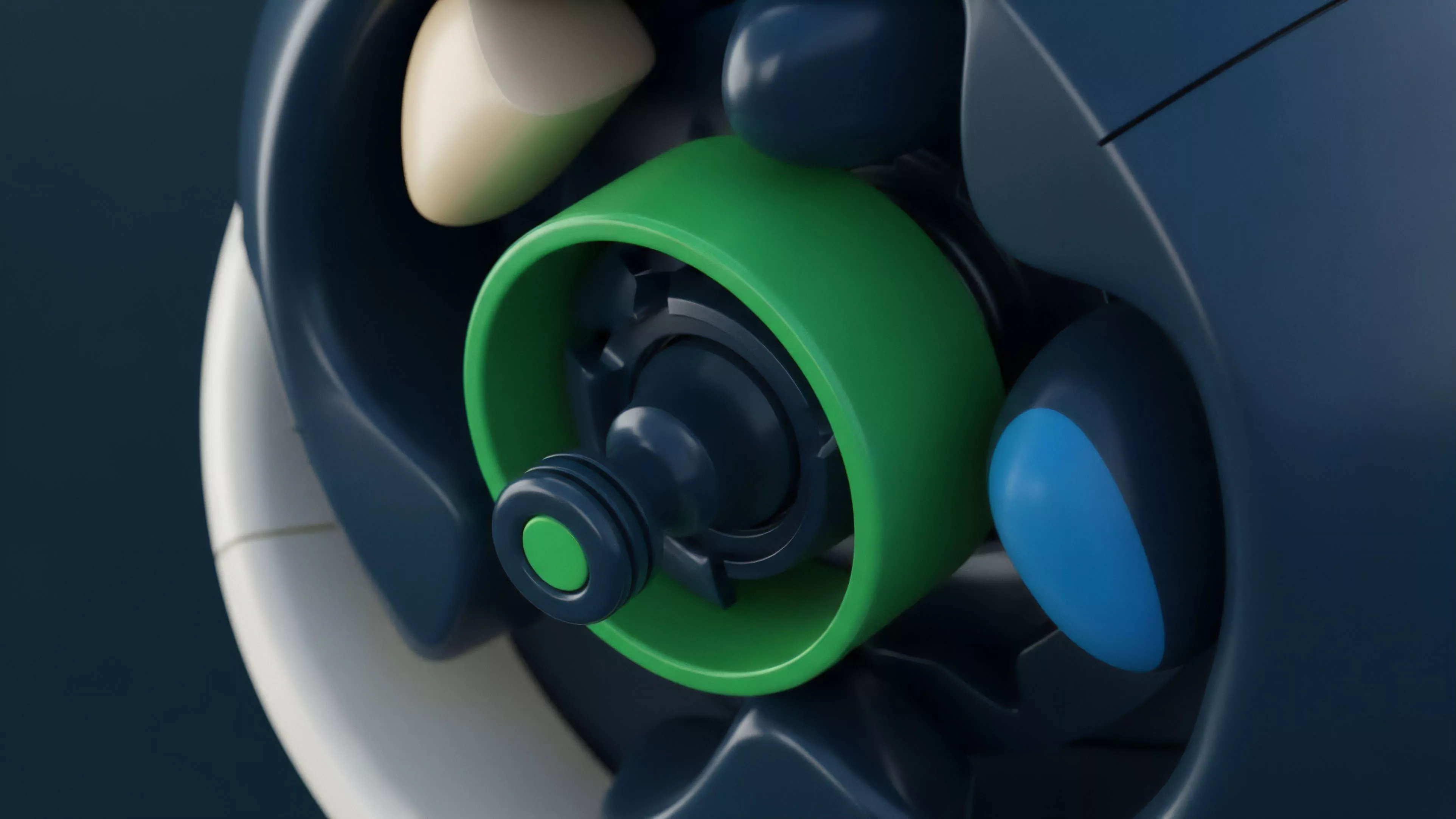 This high-resolution image captures a complex mechanical structure featuring a central bright green component, surrounded by dark blue, off-white, and light blue elements. The intricate interlocking parts suggest a sophisticated internal mechanism