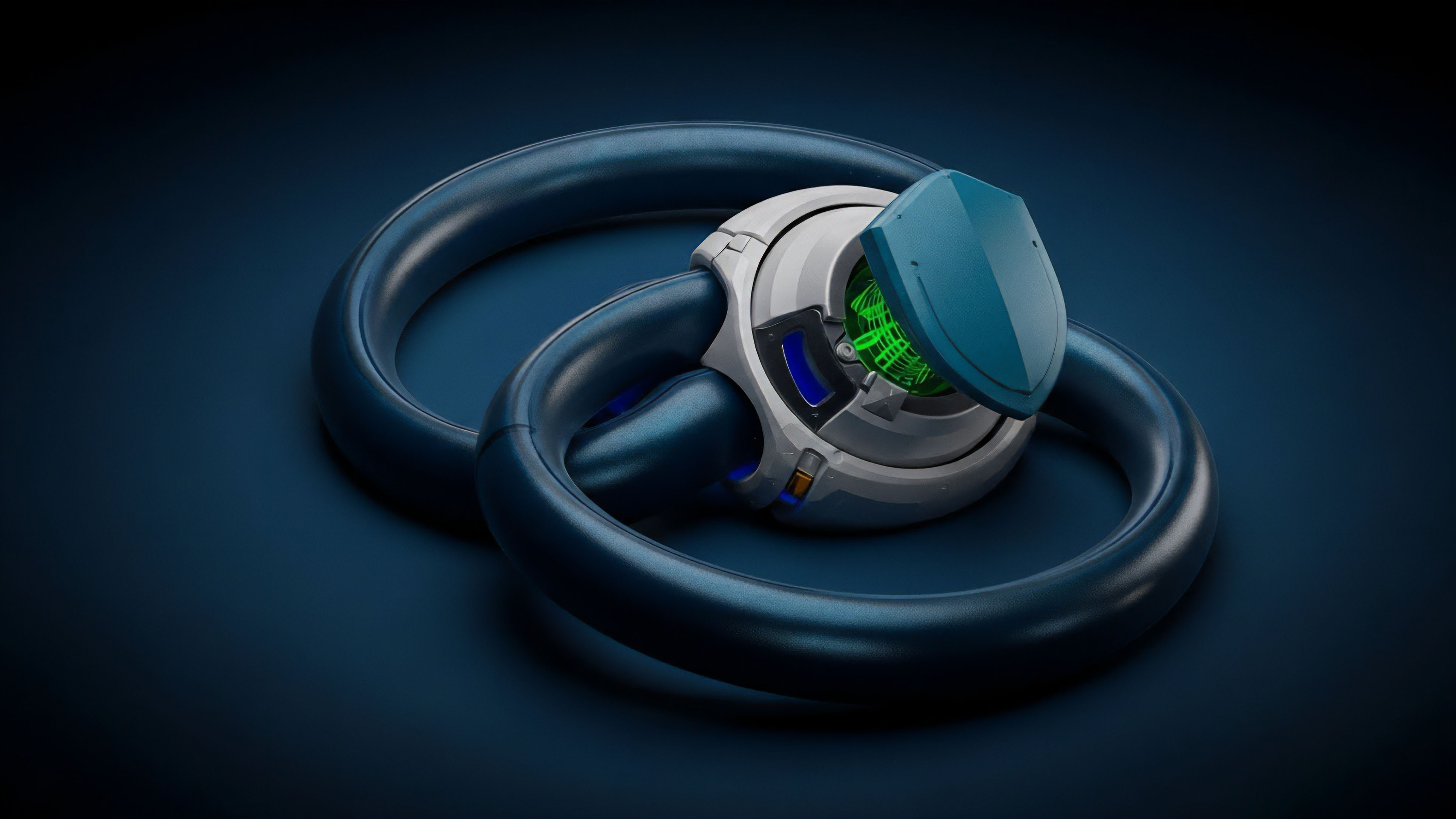 A futuristic digital render displays two large dark blue interlocking rings connected by a central, advanced mechanism. This design visualizes a decentralized derivatives protocol where the interlocking rings represent paired asset collateralization. The central core, featuring a green glowing data-like structure, symbolizes smart contract execution and automated market maker AMM functionality. The blue shield-like component represents advanced risk mitigation strategies and asset protection necessary for options vaults within a robust decentralized autonomous organization DAO structure.