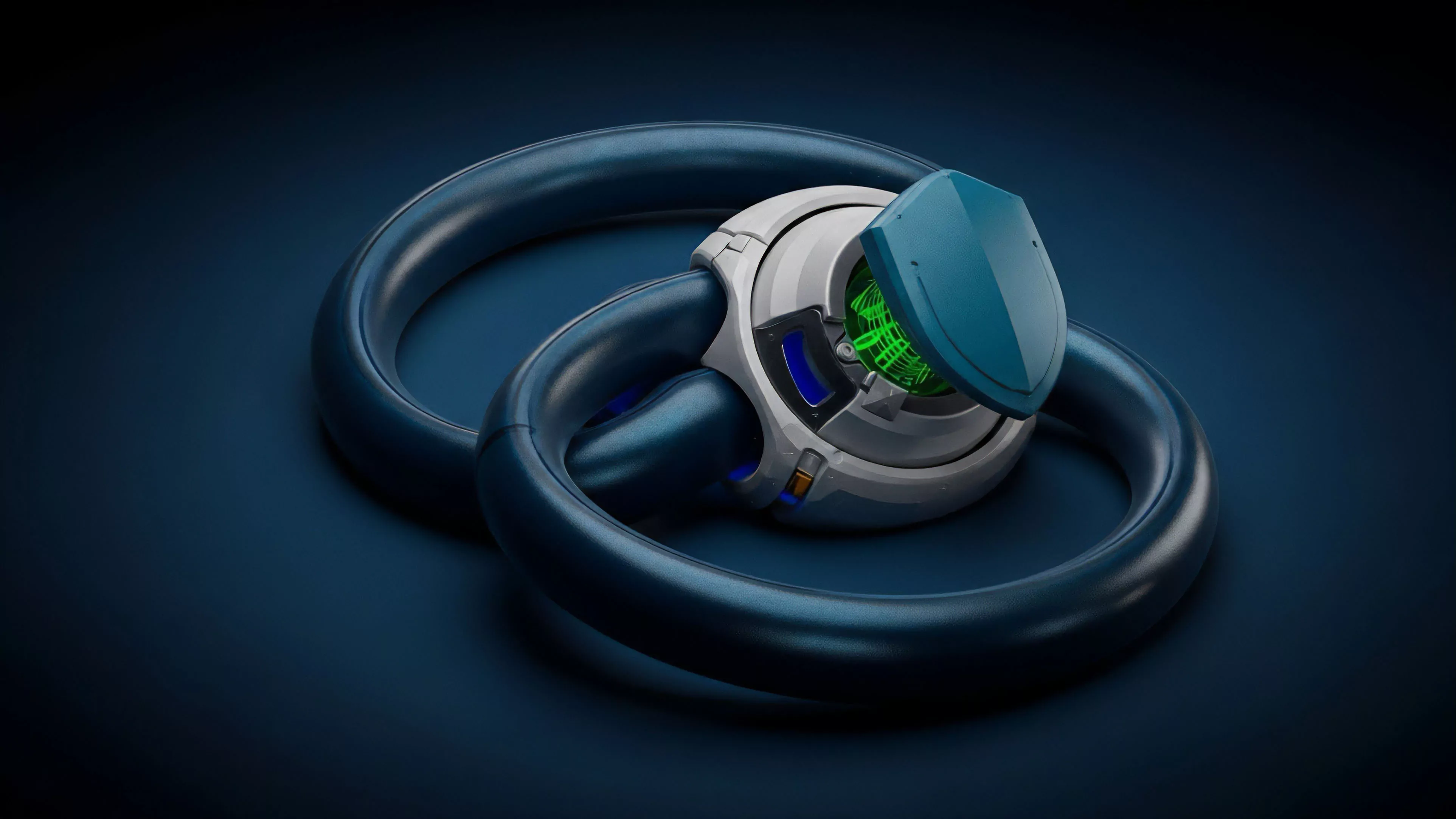 A high-tech digital render displays two large dark blue interlocking rings linked by a central, advanced mechanism. The core of the mechanism is highlighted by a bright green glowing data-like structure, partially covered by a matching blue shield element