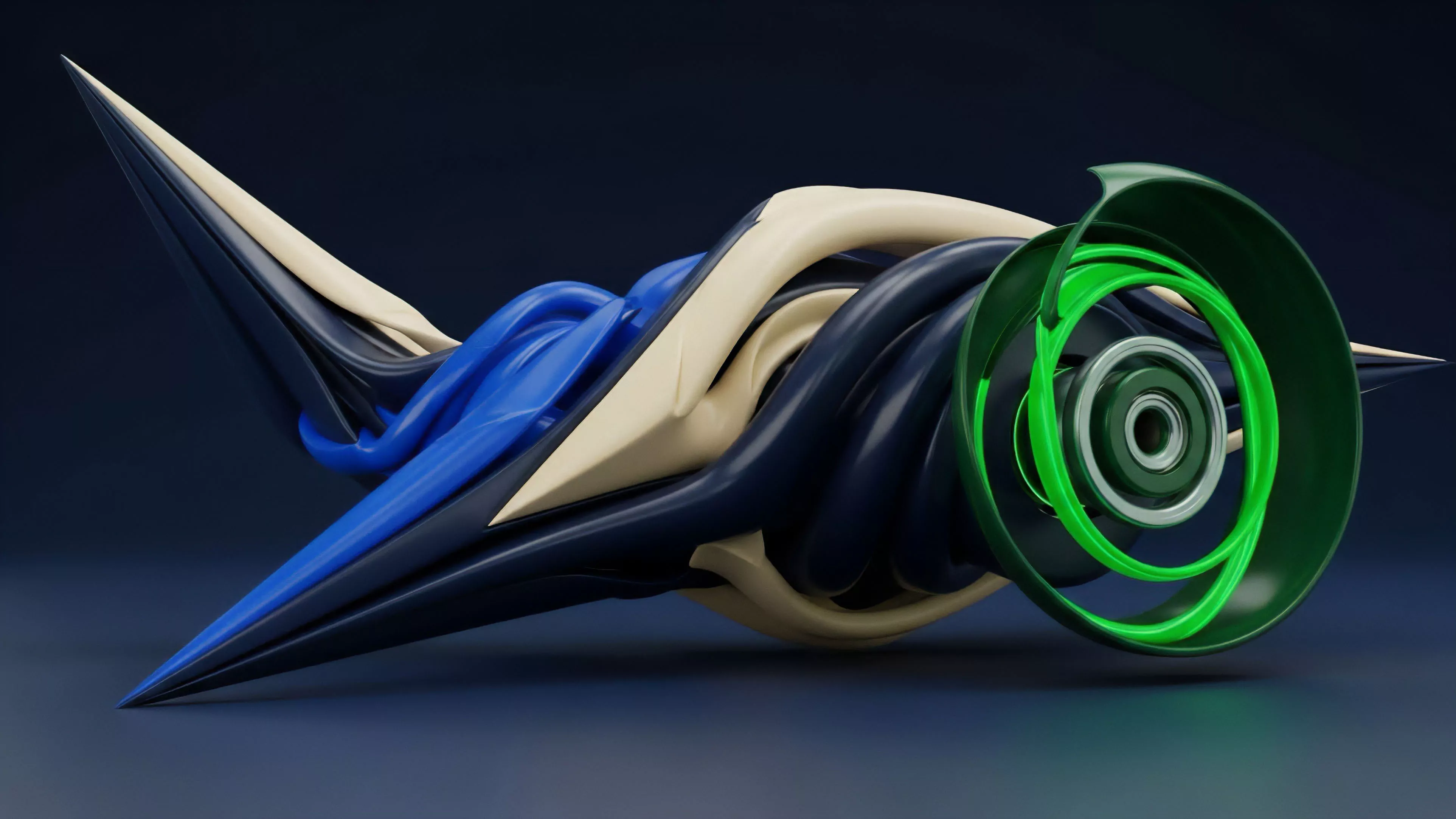 A visualization articulating the complex architecture of decentralized derivatives. Sharp angles at the prow signify directional bias in algorithmic trading strategies. Intertwined layers of deep blue and cream represent cross-chain liquidity flows and collateralization ratios within smart contracts. The vivid green core illustrates the real-time price discovery mechanism and capital efficiency driving perpetual swaps in a high-frequency trading environment. This structure models the interplay of market dynamics and risk-off assets, reflecting the high-speed and intricate nature of DeFi financial instruments.