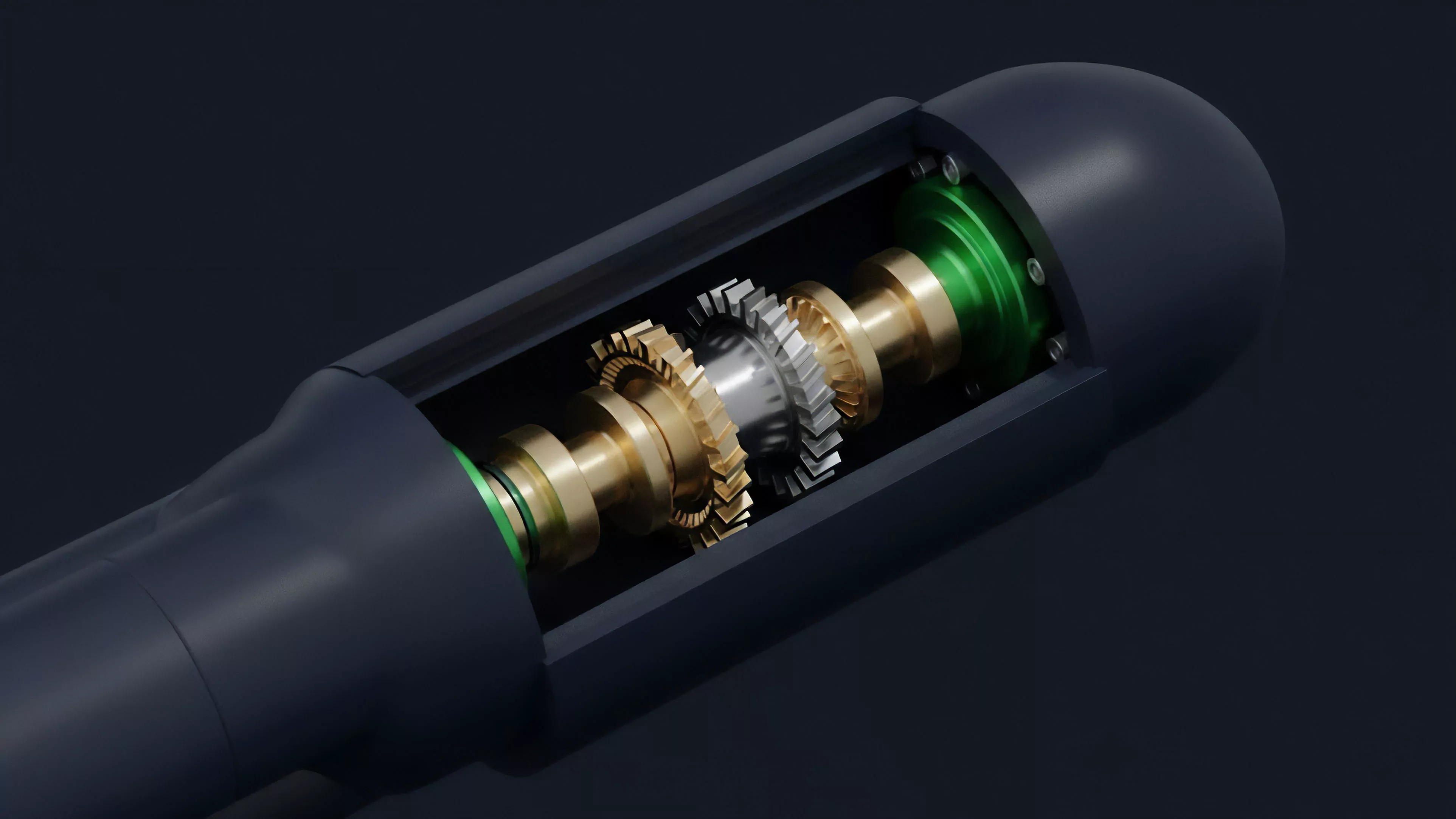 A detailed cross-section reveals the internal components of a precision mechanical device, showcasing a series of metallic gears and shafts encased within a dark blue housing. Bright green rings function as seals or bearings, highlighting specific points of high-precision interaction within the intricate system