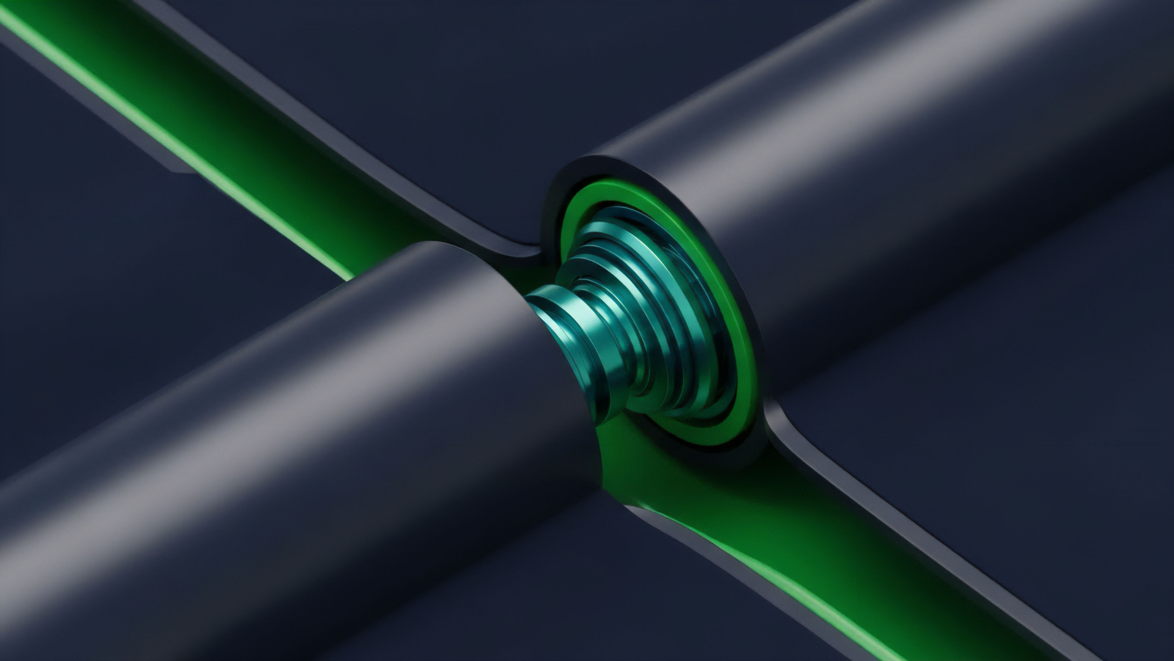 A visual representation of a decentralized exchange's core automated market maker AMM logic. Two separate liquidity pools, depicted as dark tubes, converge at a high-precision mechanical junction. This mechanism represents the smart contract code facilitating an atomic swap or cross-chain interoperability. The glowing green elements symbolize the continuous flow of liquidity provision and real-time derivative settlement within decentralized finance DeFi, facilitating algorithmic trade routing for perpetual contracts.