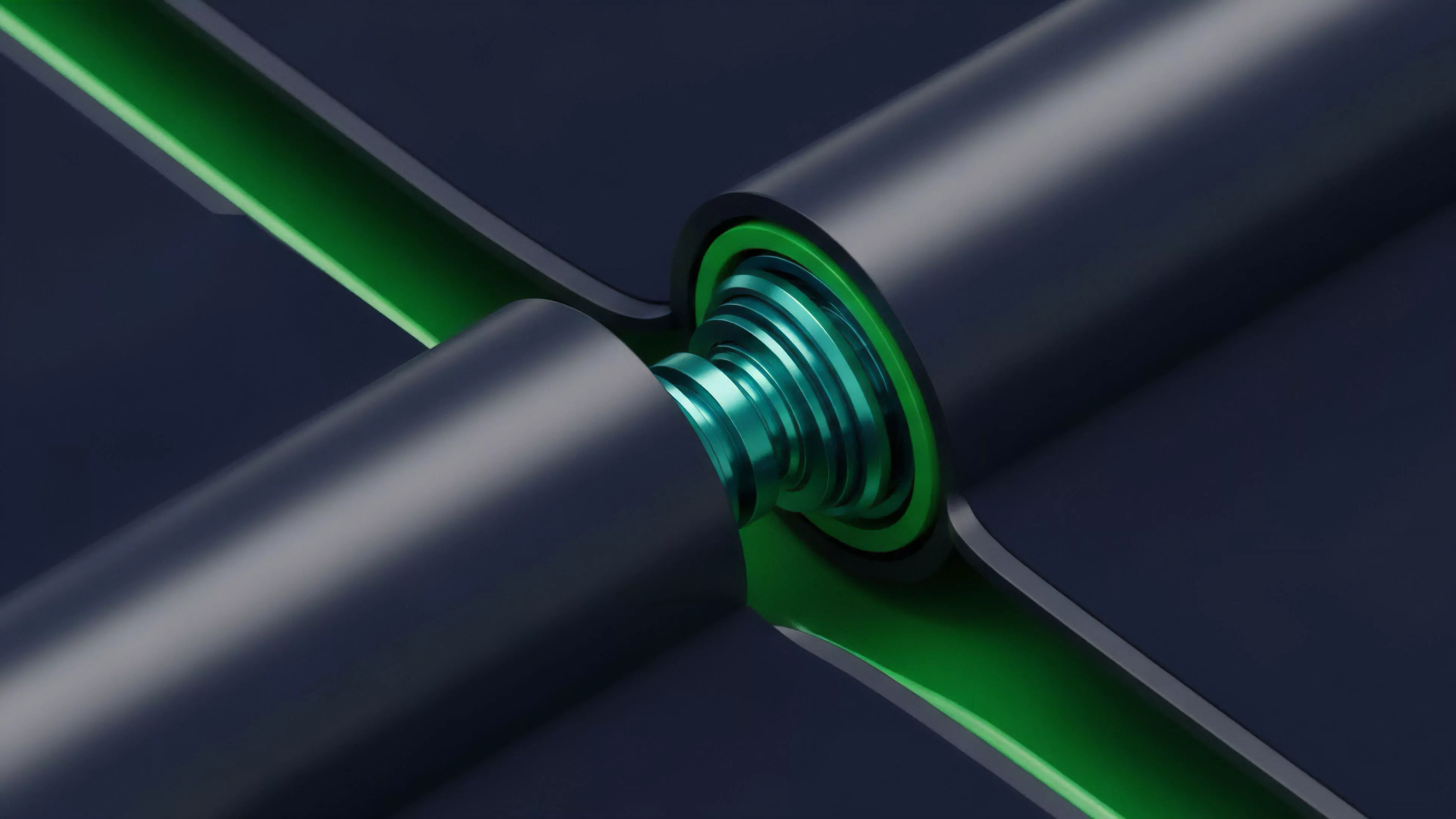 A visual representation of a decentralized exchange's core automated market maker AMM logic. Two separate liquidity pools, depicted as dark tubes, converge at a high-precision mechanical junction. This mechanism represents the smart contract code facilitating an atomic swap or cross-chain interoperability. The glowing green elements symbolize the continuous flow of liquidity provision and real-time derivative settlement within decentralized finance DeFi, facilitating algorithmic trade routing for perpetual contracts.