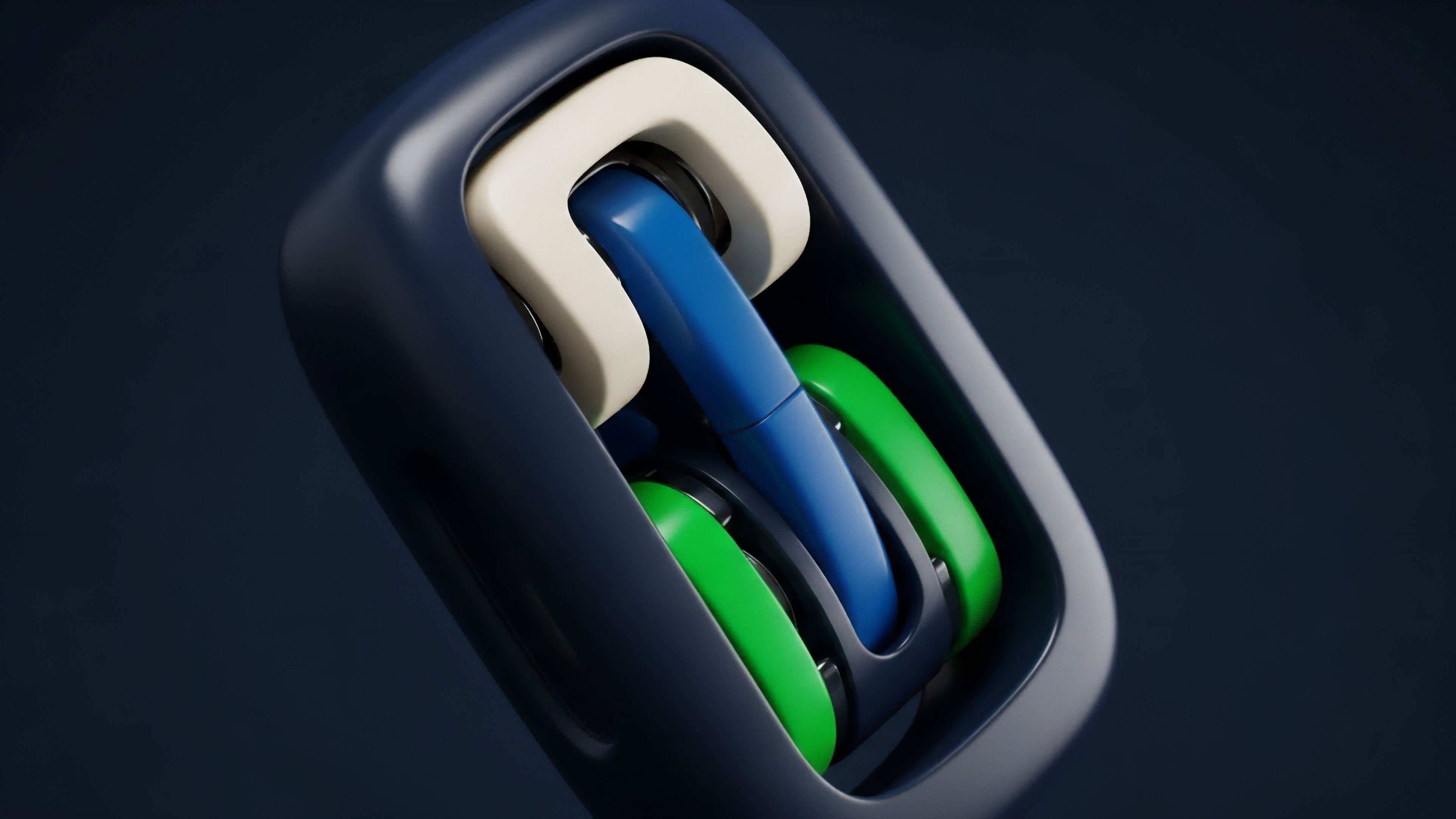 A detailed view of interlocking components, suggesting a high-tech mechanism. The blue central piece acts as a pivot for the green elements, enclosed within a dark navy-blue frame. This abstract structure represents an Automated Market Maker AMM within a Decentralized Exchange DEX. The interplay of components symbolizes collateralized assets in a liquidity pool, enabling real-time price discovery and risk adjustment for synthetic asset trading. The smooth design implies smart contract efficiency and minimized slippage in high-frequency trading.