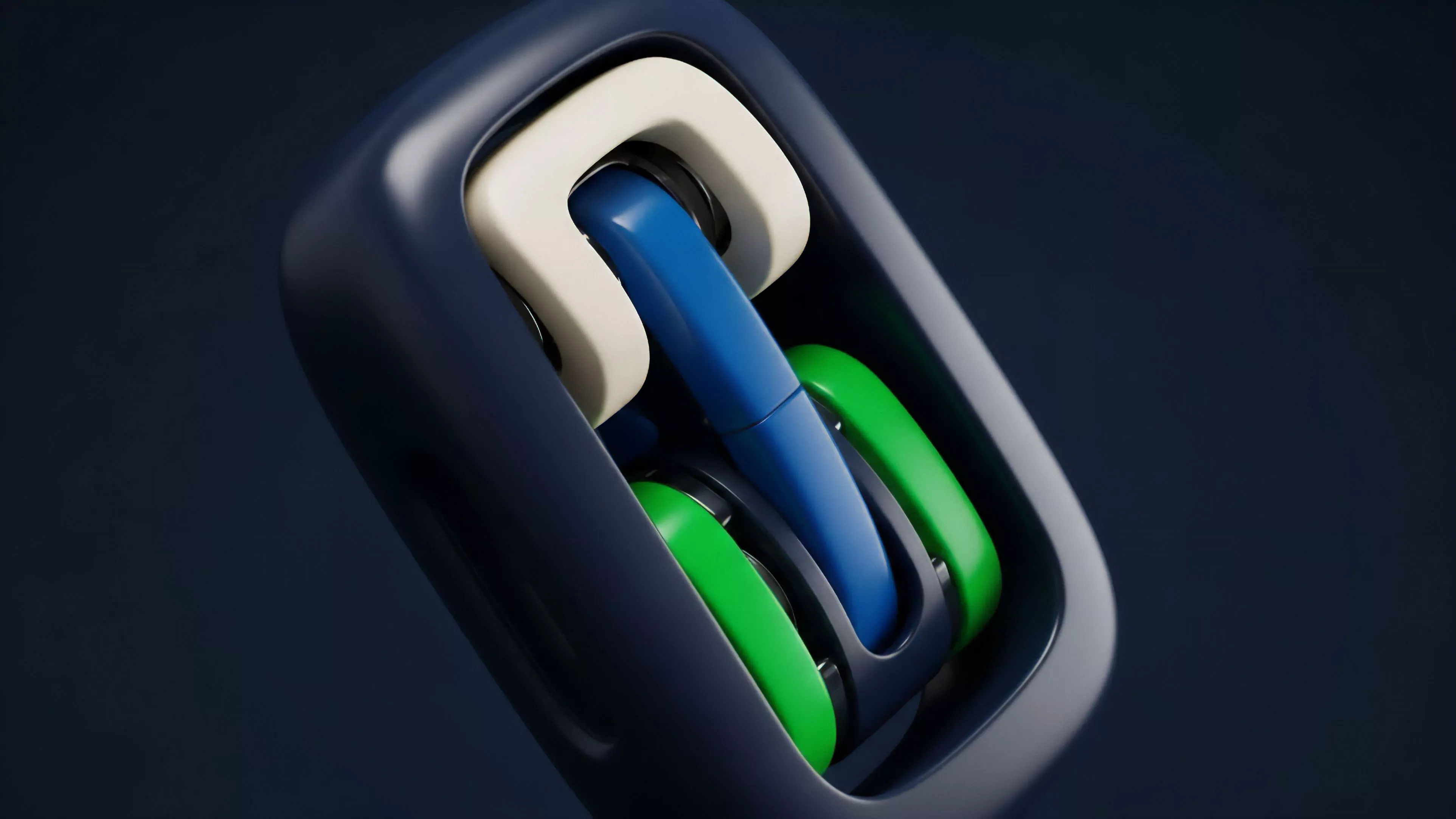 A detailed view of interlocking components, suggesting a high-tech mechanism. The blue central piece acts as a pivot for the green elements, enclosed within a dark navy-blue frame. This abstract structure represents an Automated Market Maker AMM within a Decentralized Exchange DEX. The interplay of components symbolizes collateralized assets in a liquidity pool, enabling real-time price discovery and risk adjustment for synthetic asset trading. The smooth design implies smart contract efficiency and minimized slippage in high-frequency trading.