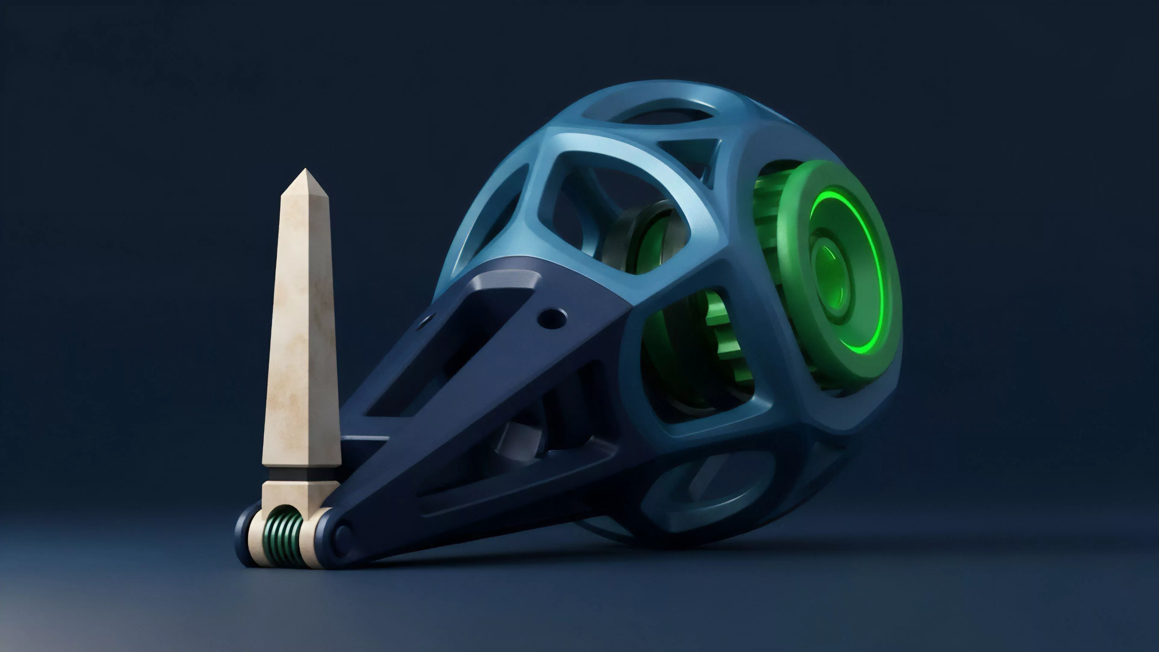 A high-resolution 3D render of a complex mechanical object featuring a blue spherical framework, a dark-colored structural projection, and a beige obelisk-like component. A glowing green core, possibly representing an energy source or central mechanism, is visible within the latticework structure