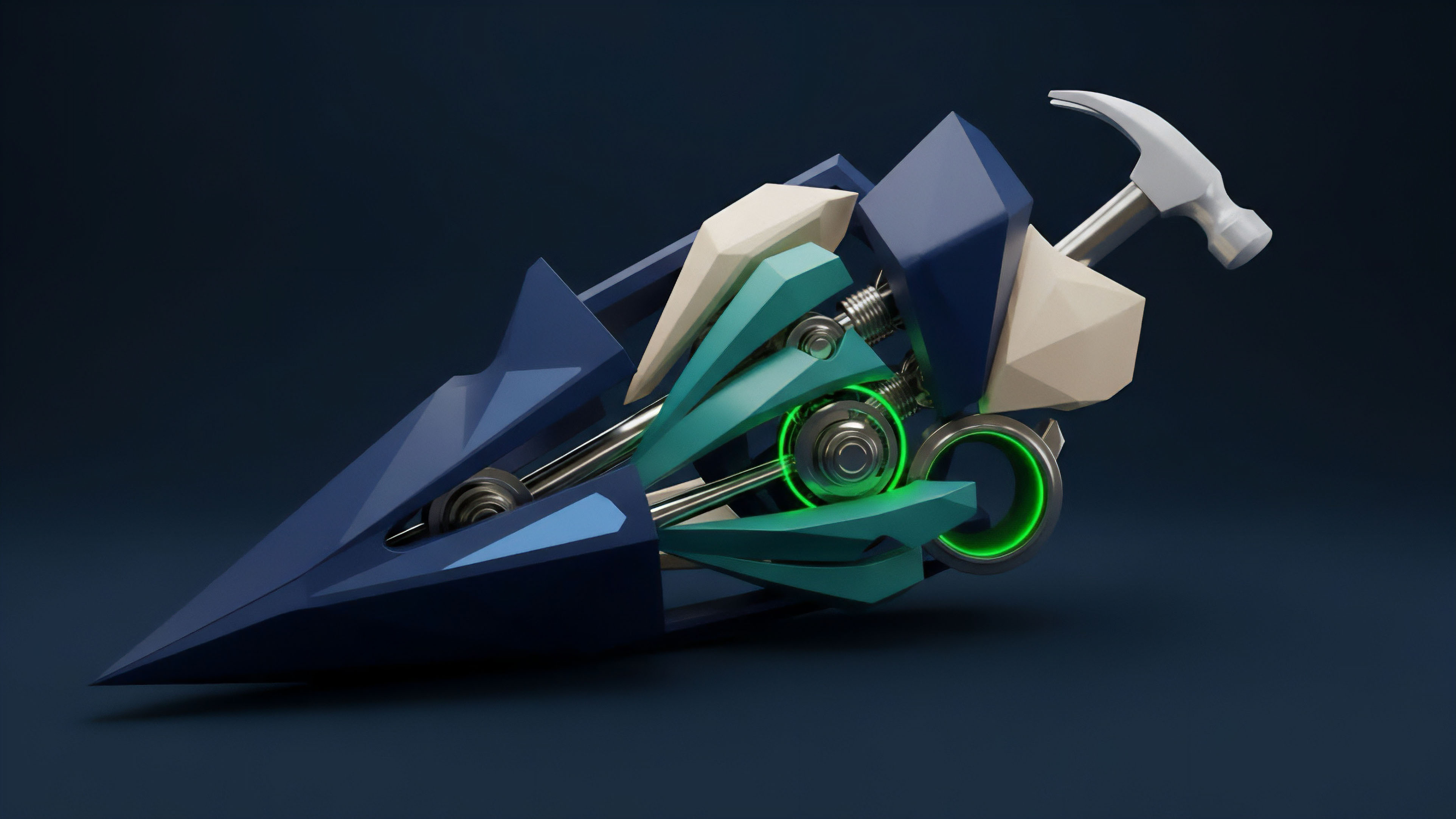 The image showcases a futuristic, abstract mechanical device with a sharp, pointed front end in dark blue. The core structure features intricate mechanical components in teal and cream, including pistons and gears, with a hammer handle extending from the back