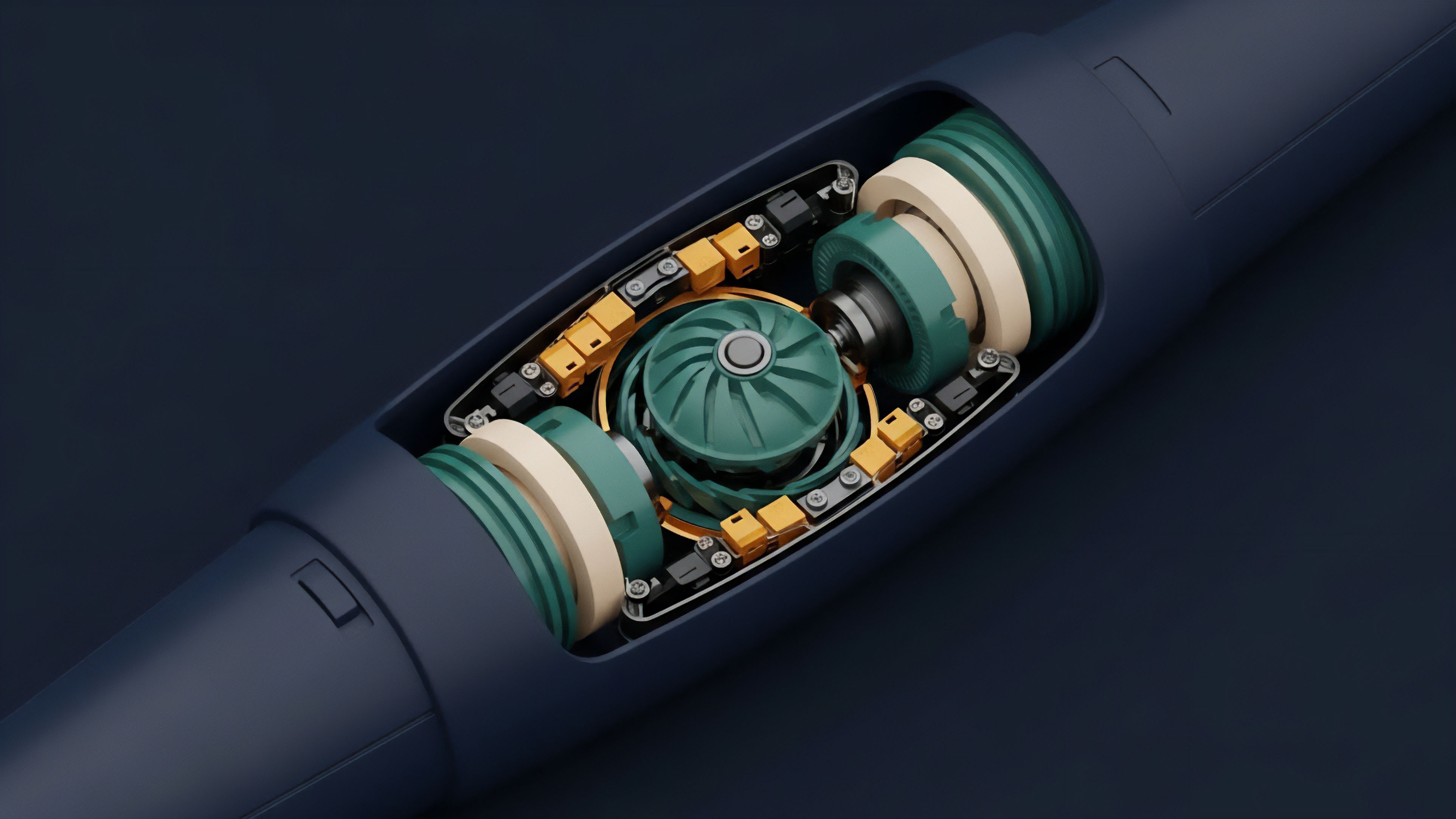 A cutaway view of a dark blue cylindrical casing reveals the intricate internal mechanisms. The central component is a teal-green ribbed element, flanked by sets of cream and teal rollers, all interconnected as part of a complex engine