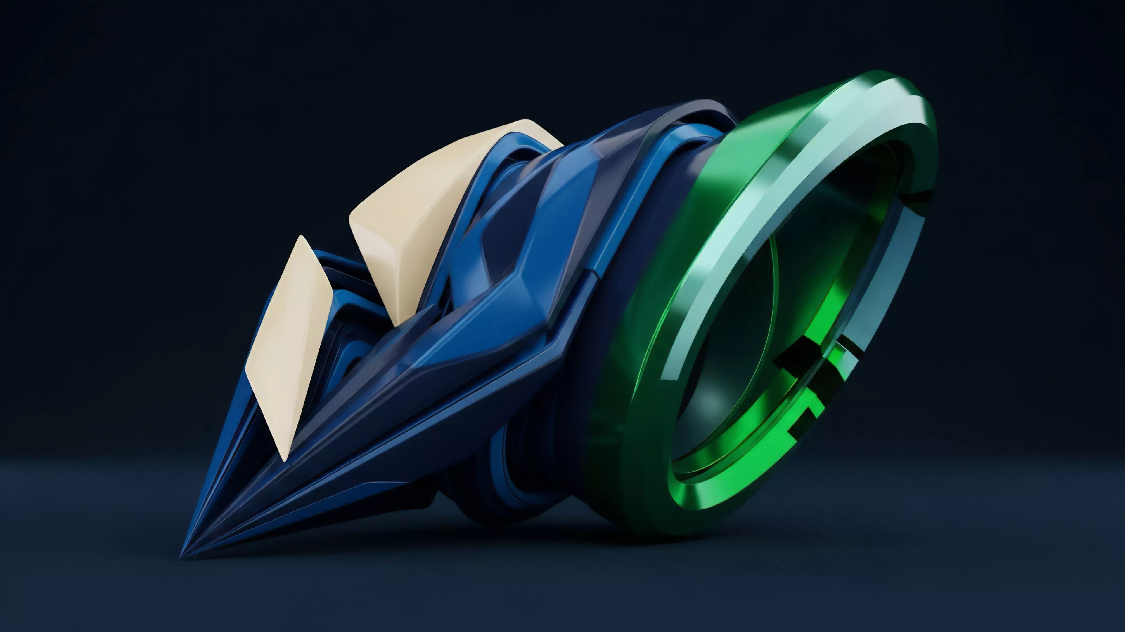 An abstract 3D render displays a complex, stylized object composed of interconnected geometric forms. The structure transitions from sharp, layered blue elements to a prominent, glossy green ring, with off-white components integrated into the blue section