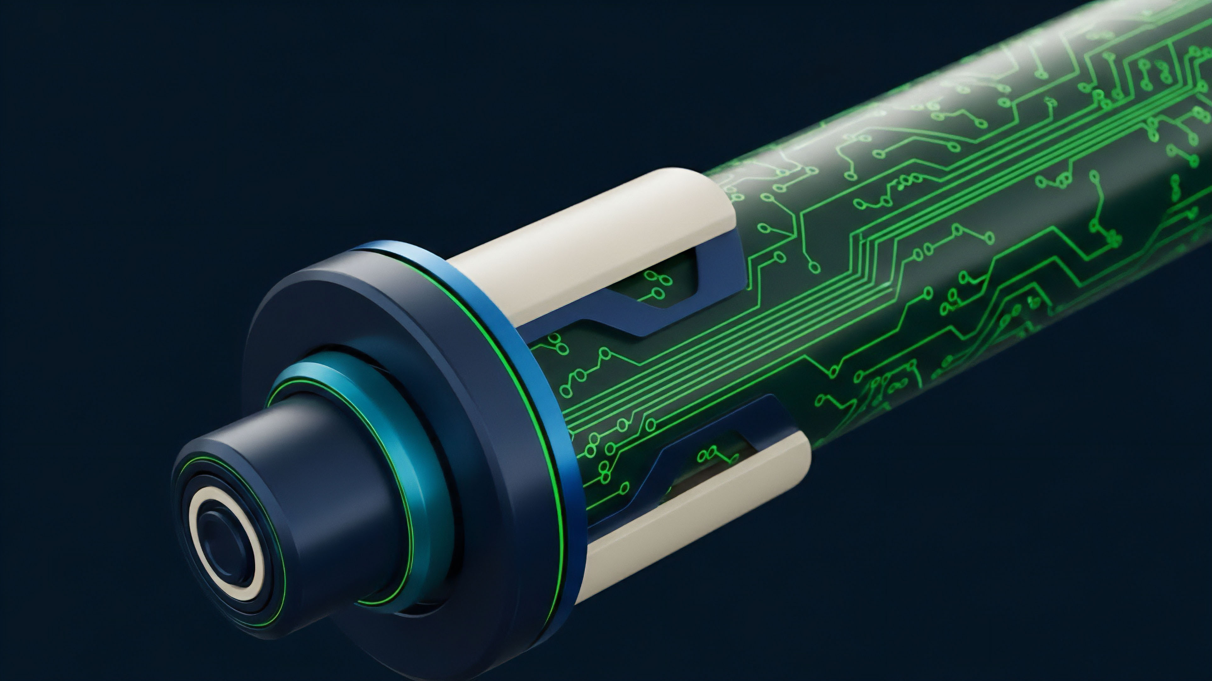 A detailed close-up of a futuristic cylindrical object illustrates the complex data streams essential for high-frequency algorithmic trading within decentralized finance DeFi protocols. The glowing green circuitry represents a blockchain network’s distributed ledger technology DLT, symbolizing the flow of transaction data and smart contract execution. This intricate architecture supports automated market makers AMMs and facilitates advanced risk management strategies for complex options derivatives. The design signifies a component of a high-speed data feed or an oracle service providing real-time market information to maintain network integrity and facilitate precise financial operations.