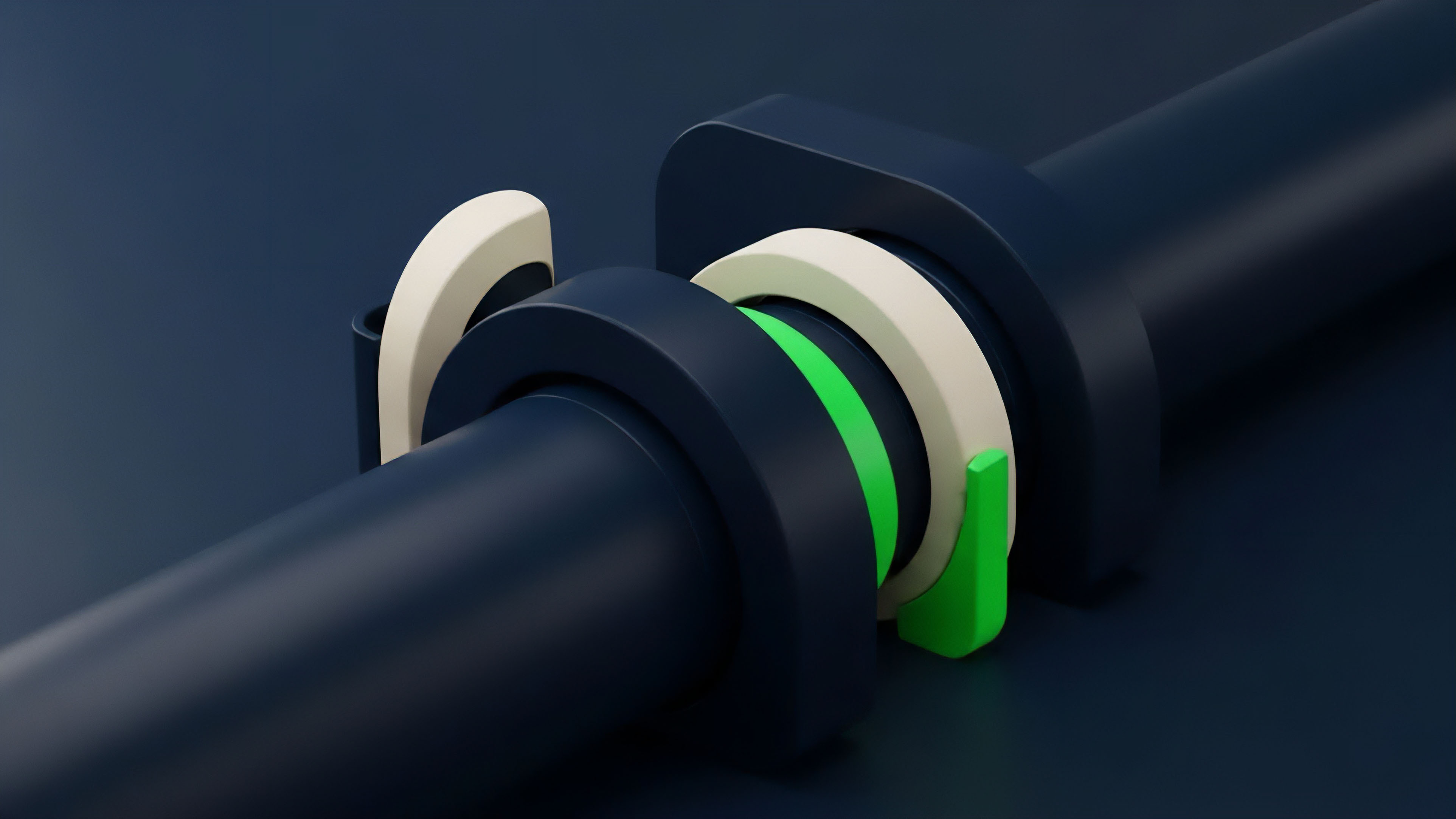 A detailed rendering of a precision-engineered coupling mechanism joining a dark blue cylindrical component. The structure features a central housing, off-white interlocking clasps, and a bright green ring, symbolizing a locked state or active connection. This design represents a smart contract collateralization process where an underlying asset is securely locked by specific parameters. It visualizes the secure linkage required for cross-chain interoperability and the settlement process within decentralized derivative protocols, ensuring robust risk management through token locking and maintaining collateral requirements for synthetic assets.