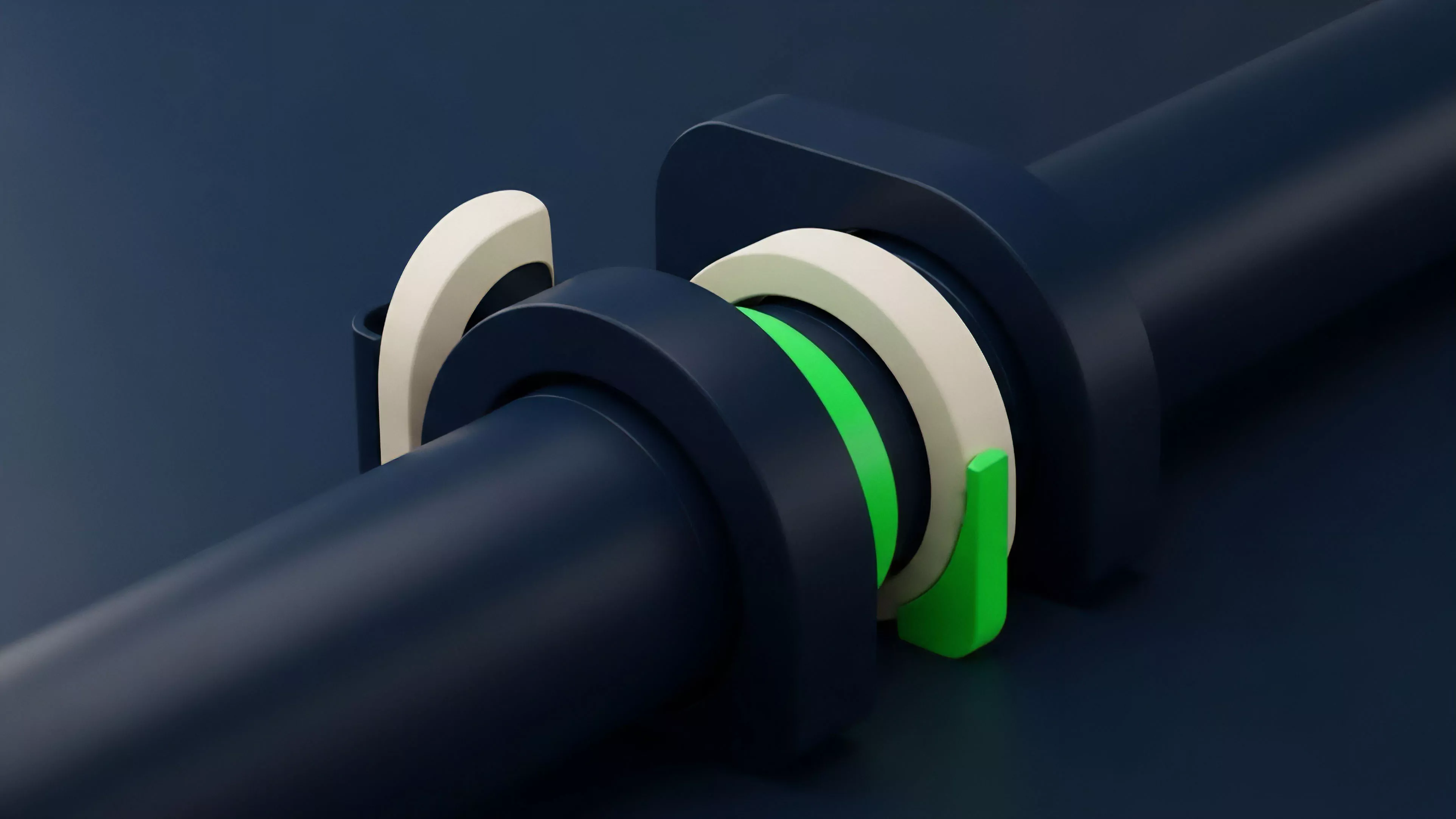 A high-angle, close-up view shows a sophisticated mechanical coupling mechanism on a dark blue cylindrical rod. The structure consists of a central dark blue housing, a prominent bright green ring, and off-white interlocking clasps on either side