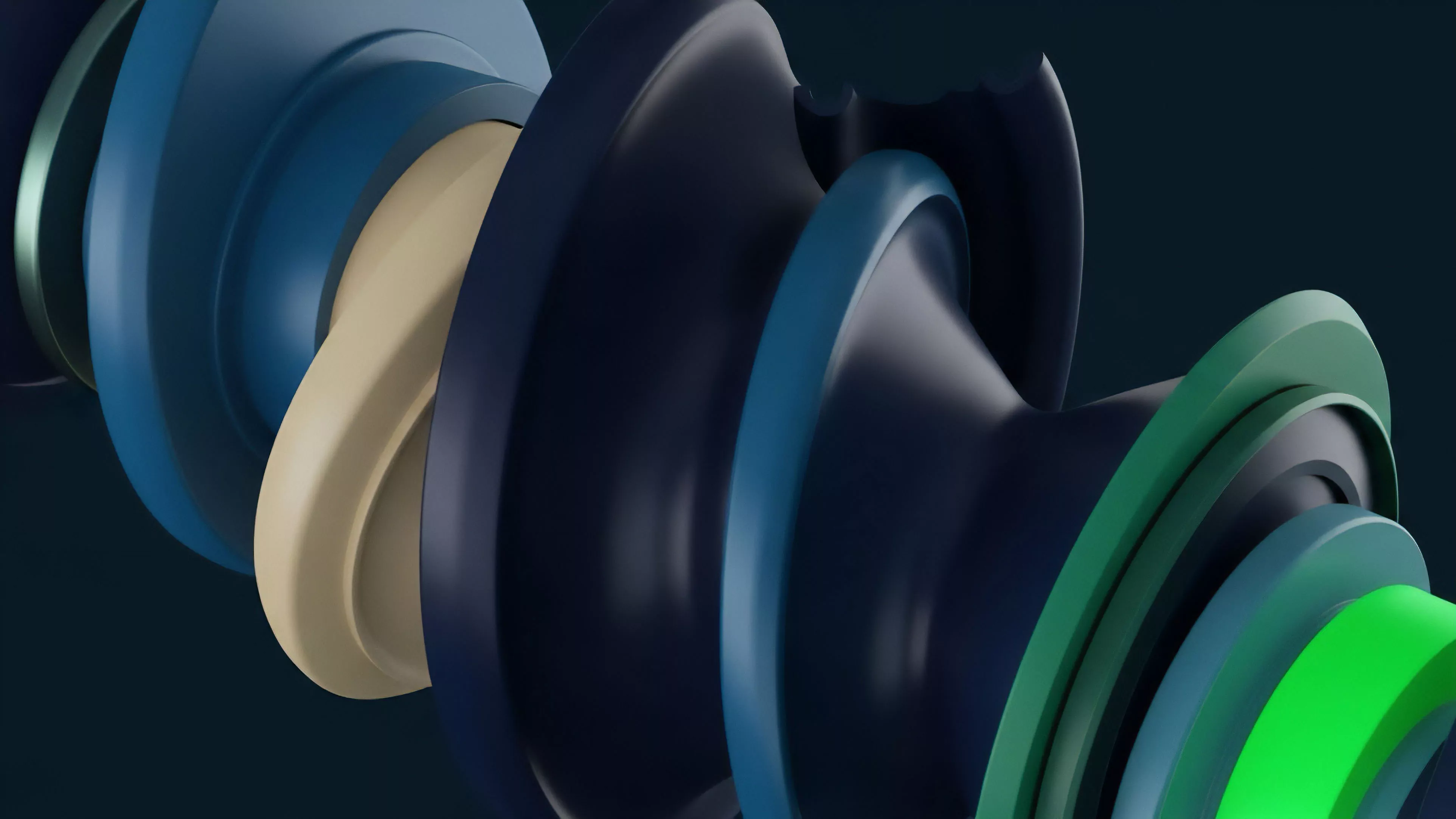 A close-up view presents abstract, layered, helical components in shades of dark blue, light blue, beige, and green. The smooth, contoured surfaces interlock, suggesting a complex mechanical or structural system against a dark background