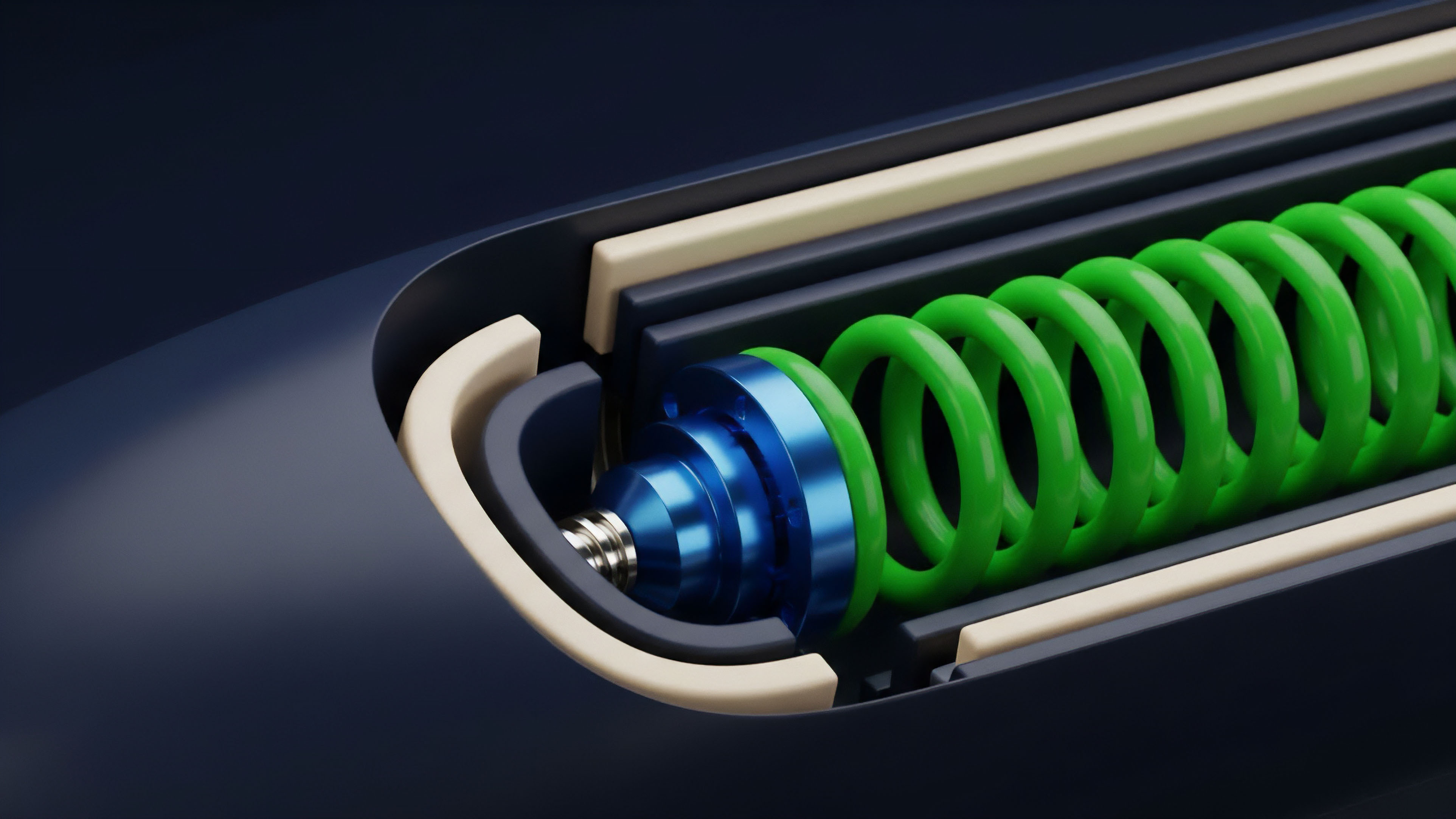 A cutaway view illustrates the internal mechanics of an Algorithmic Market Maker protocol, where a high-tension green helical spring symbolizes market elasticity and volatility compression. The central blue piston represents the automated price discovery mechanism, reacting to fluctuations in collateralized debt positions and margin requirements. This architecture demonstrates how a Decentralized Exchange DEX manages liquidity depth and slippage, reflecting the dynamic forces required to maintain equilibrium and prevent a cascading liquidation event in a derivatives market.