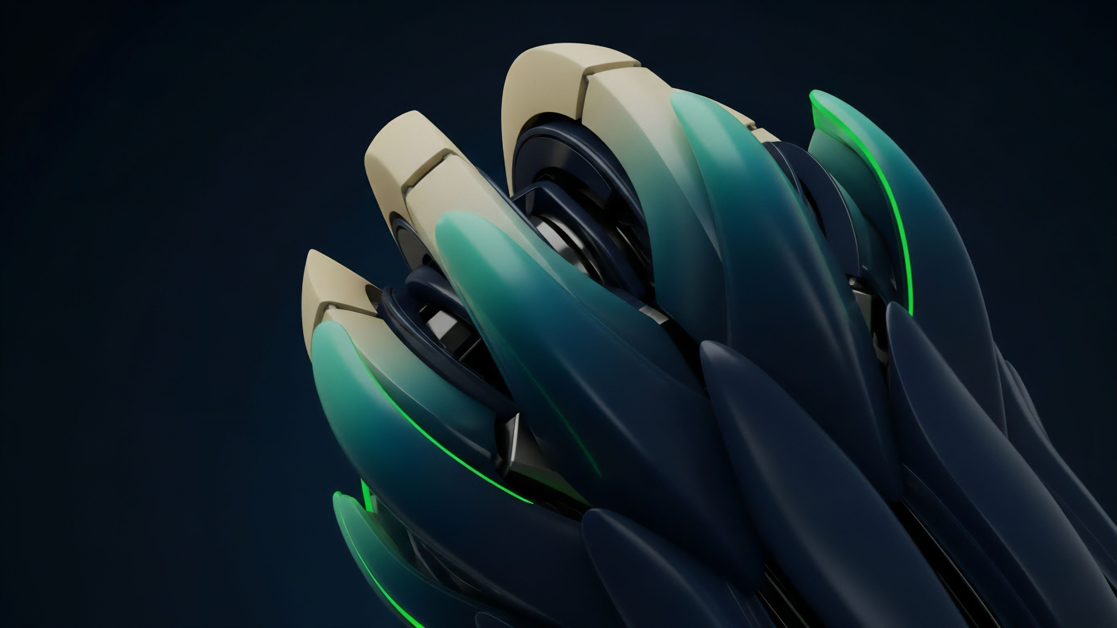 A futuristic, layered structure featuring dark blue and teal components that interlock with light beige elements. This design represents the layered complexity of a derivative options chain and the risk management principles essential for a collateralized debt position. The dynamic composition and sharp lines symbolize market volatility dynamics and automated trading algorithms. Glowing green highlights trace critical pathways, illustrating data flow and smart contract logic execution within a decentralized finance protocol. The structure visualizes the interconnected nature of yield aggregation strategies and advanced tokenomics.