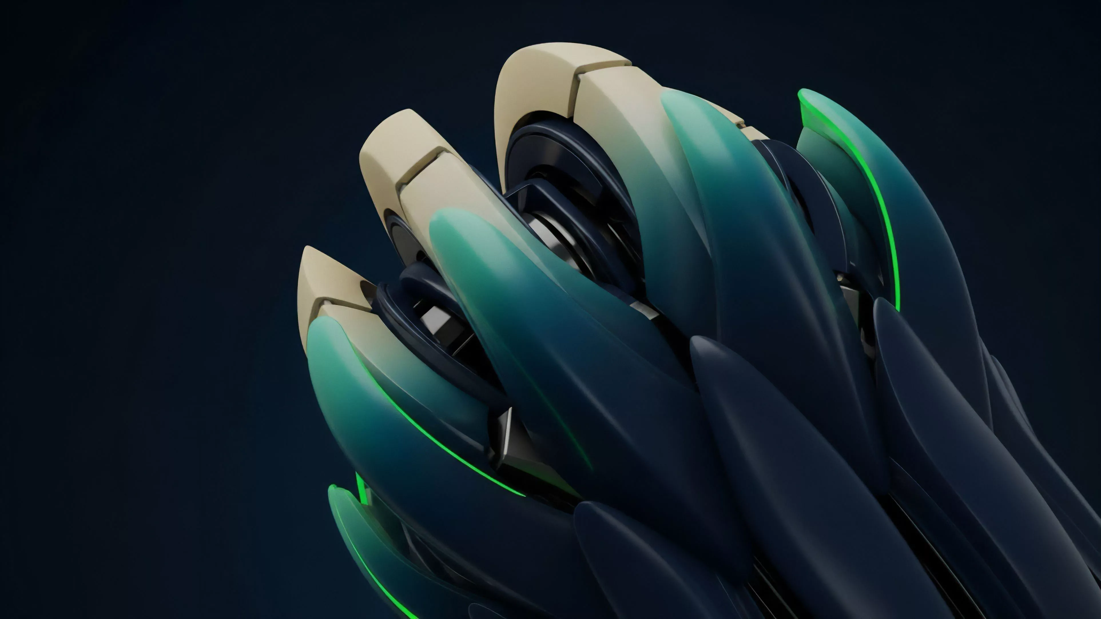 A futuristic, layered structure featuring dark blue and teal components that interlock with light beige elements, creating a sense of dynamic complexity. Bright green highlights illuminate key junctures, emphasizing crucial structural pathways within the design