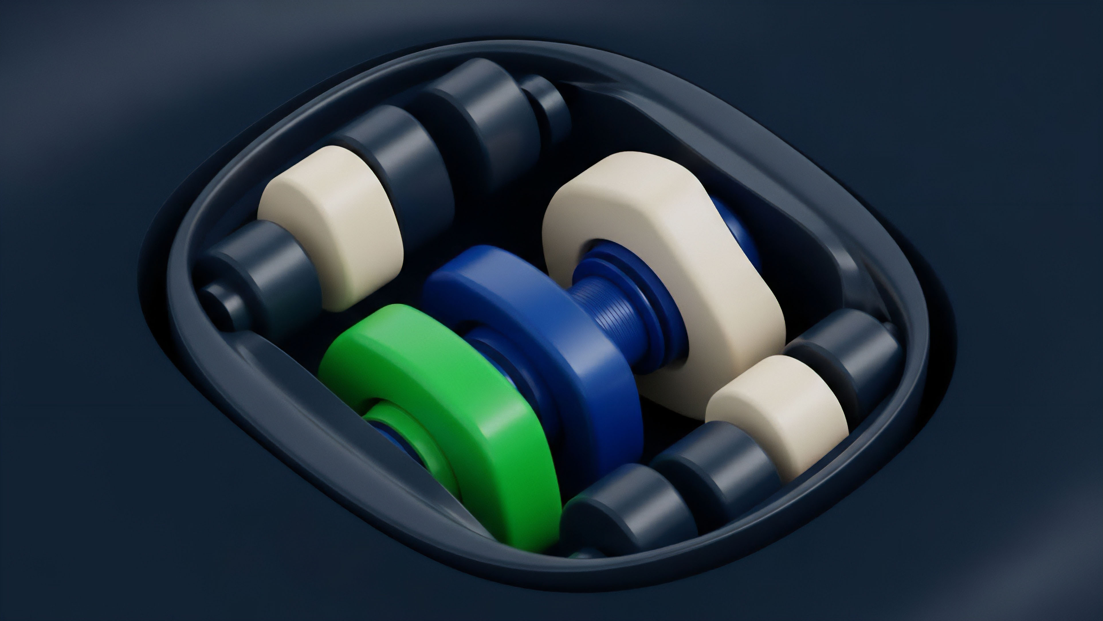 This abstract visualization illustrates a decentralized finance DeFi protocol's internal mechanics, specifically representing an Automated Market Maker AMM liquidity pool. The colored components signify tokenized assets within a trading pair, with the central bright green and blue elements representing volatile assets and stablecoins, respectively. The surrounding off-white components symbolize collateralization and the risk management protocols designed to mitigate impermanent loss during smart contract execution. This intricate system represents a robust framework for yield generation through automated rebalancing within a decentralized exchange DEX environment.