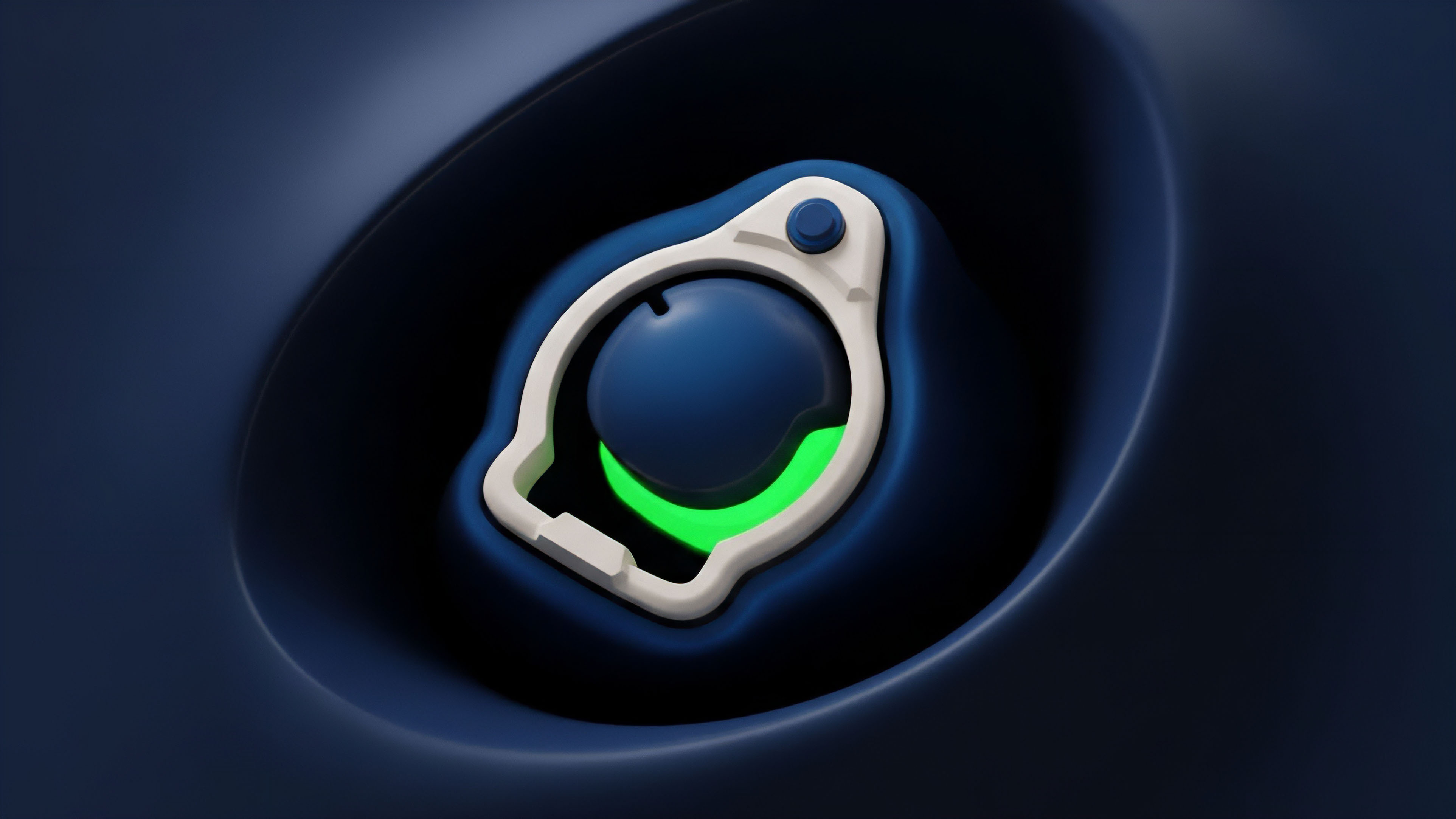 A stylized blue orb encased in a protective light-colored structure, set within a recessed dark blue surface. A bright green glow illuminates the bottom portion of the orb. This visual represents a decentralized finance smart contract execution. The orb symbolizes locked assets within a liquidity pool. The surrounding frame represents the automated market maker AMM protocol logic and parameters. The bright green light signifies successful collateralization ratio maintenance and yield generation from active liquidity provision, illustrating risk exposure management within the tokenomic structure.