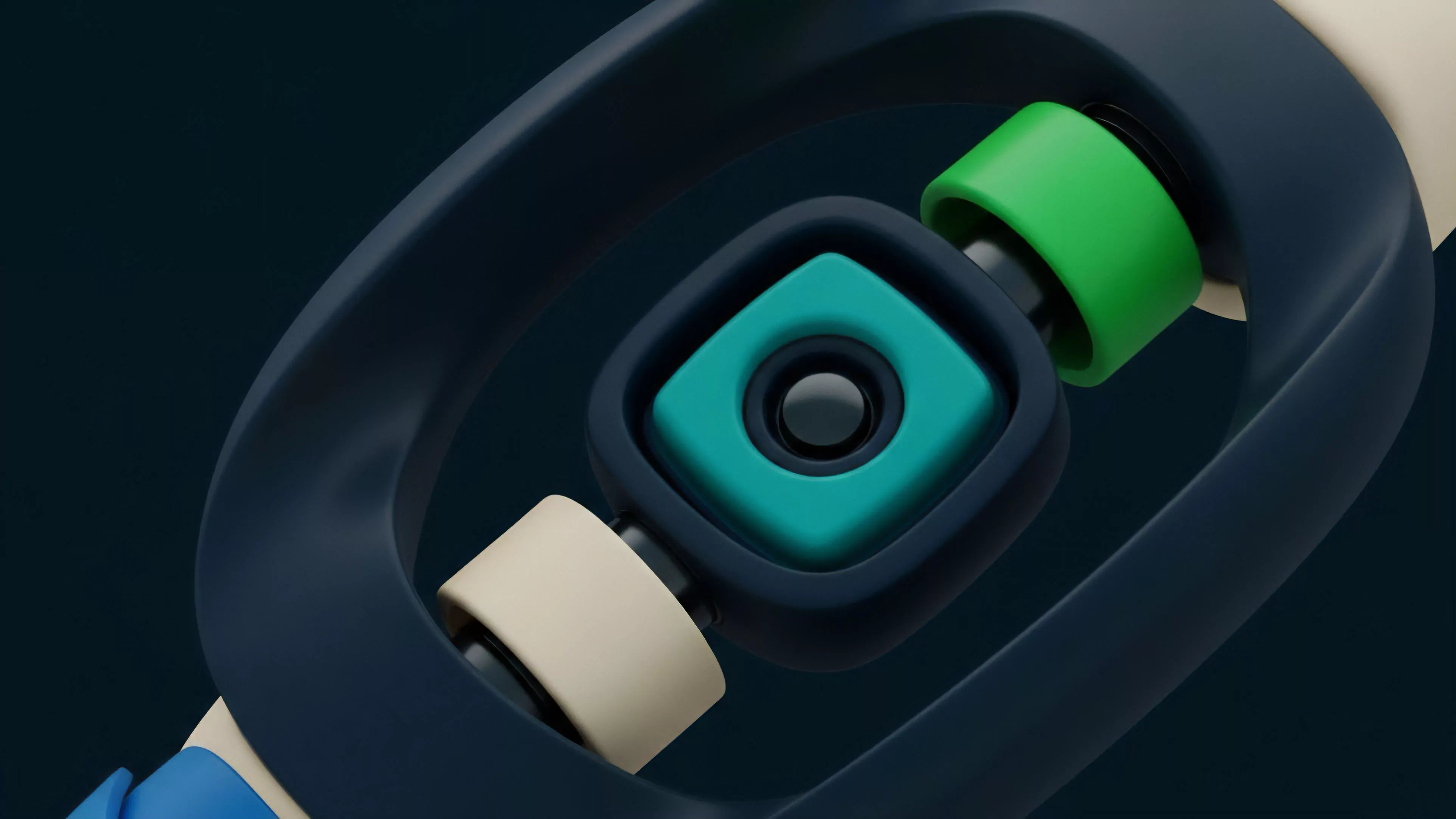 A high-angle, close-up shot features a stylized, abstract mechanical joint composed of smooth, rounded parts. The central element, a dark blue housing with an inner teal square and black pivot, connects a beige cylinder on the left and a green cylinder on the right, all set against a dark background