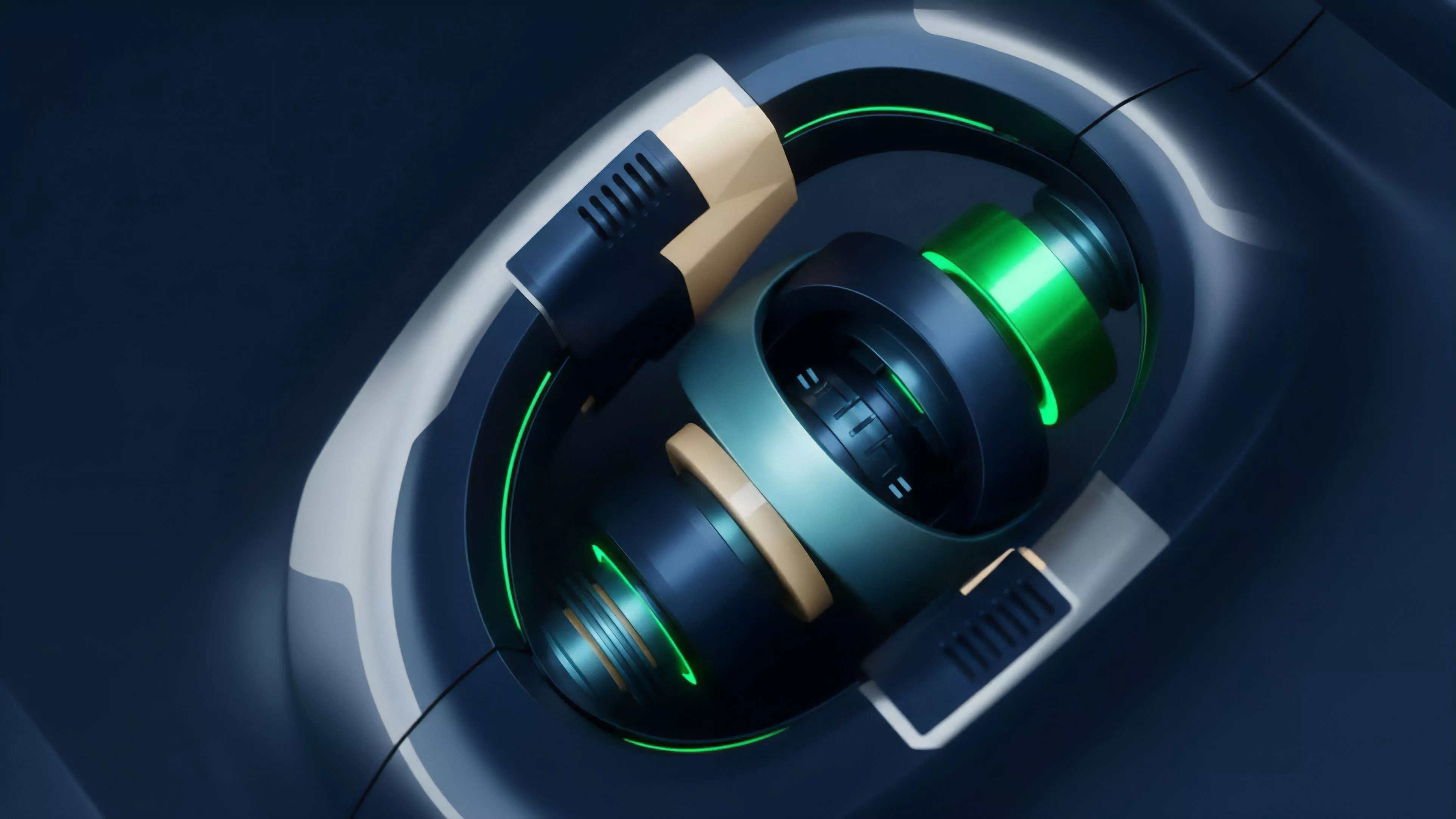 A high-tech, dark blue mechanical object with a glowing green ring sits recessed within a larger, stylized housing. The central component features various segments and textures, including light beige accents and intricate details, suggesting a precision-engineered device or digital rendering of a complex system core
