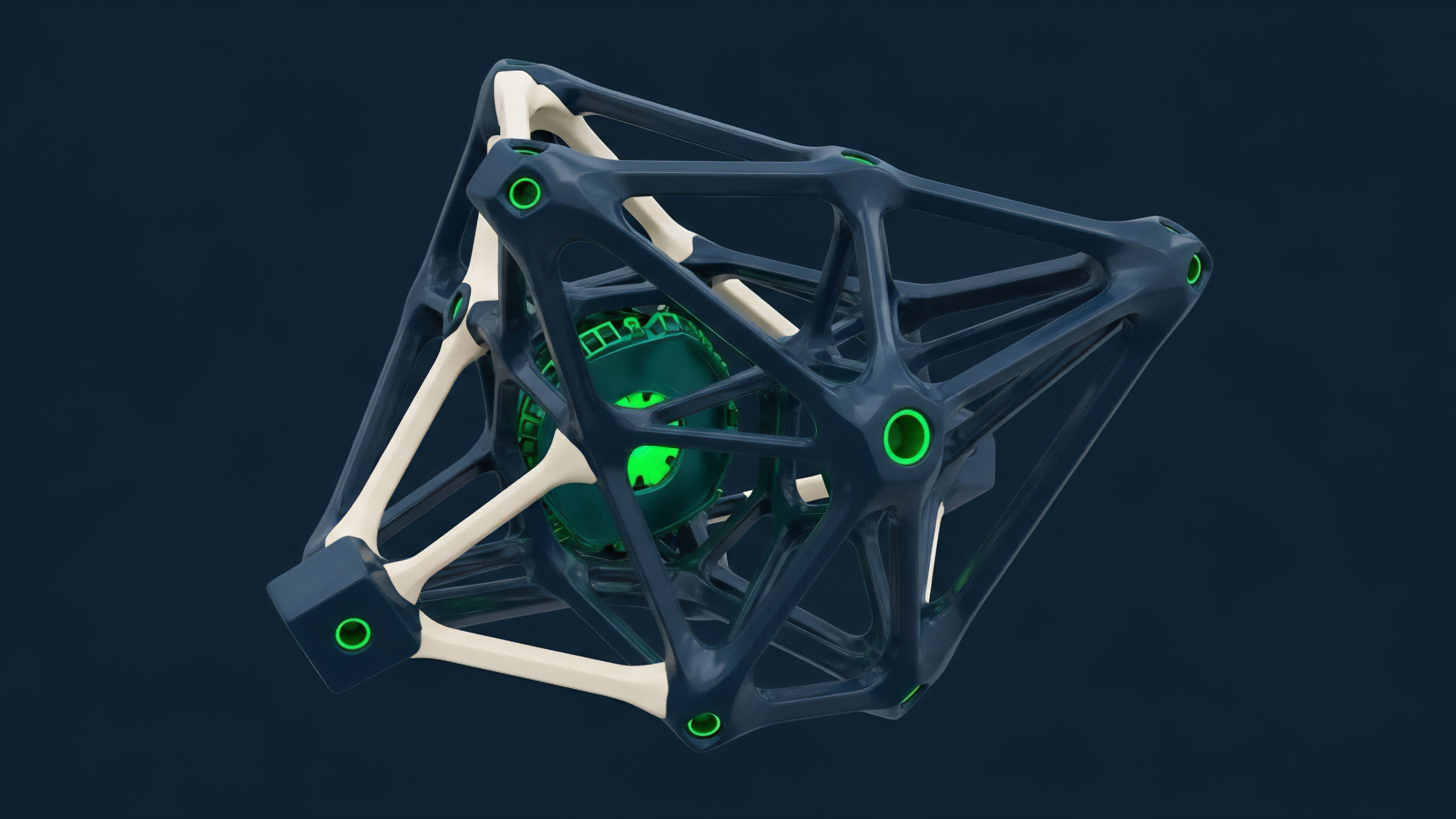 A complex, three-dimensional geometric structure features an interlocking dark blue outer frame and a light beige inner support system. A bright green core, representing a valuable asset or data point, is secured within the elaborate framework. This architecture visualizes the intricate layers of a smart contract or collateralized debt position CDP in Decentralized Finance DeFi. The interlocking frames represent algorithmic risk management protocols, while the core signifies a synthetic asset or underlying collateral. The connections symbolize decentralized governance and cross-chain interoperability, protecting against systemic risk and market volatility in derivative contracts.