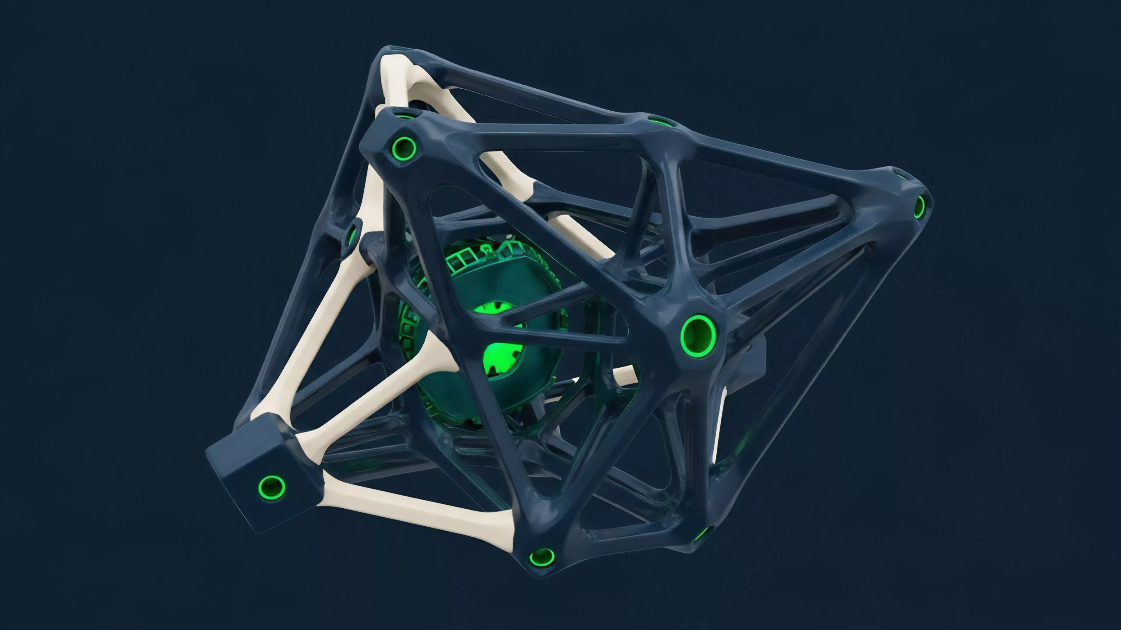 A complex, three-dimensional geometric structure features an interlocking dark blue outer frame and a light beige inner support system.