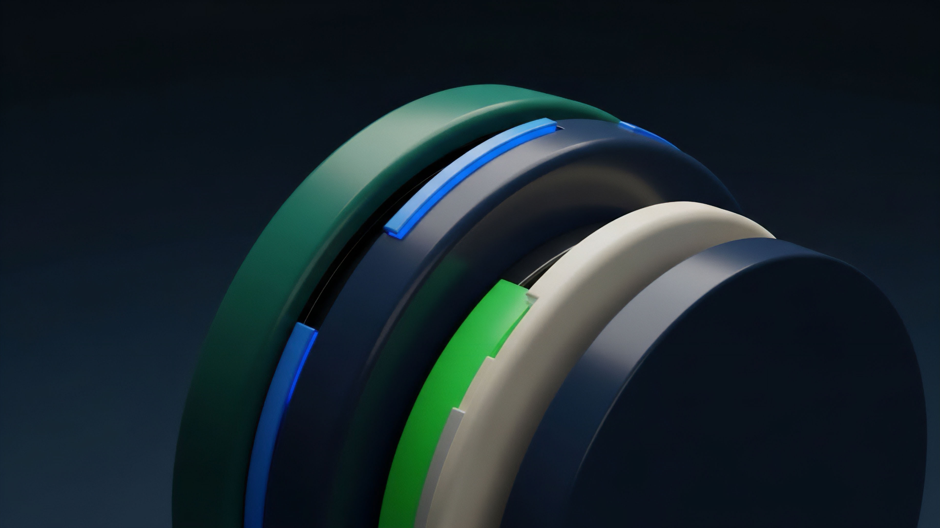 A dark background showcases abstract, layered, concentric forms with flowing edges. The layers are colored in varying shades of dark green, dark blue, bright blue, light green, and light beige, suggesting an intricate, interconnected structure