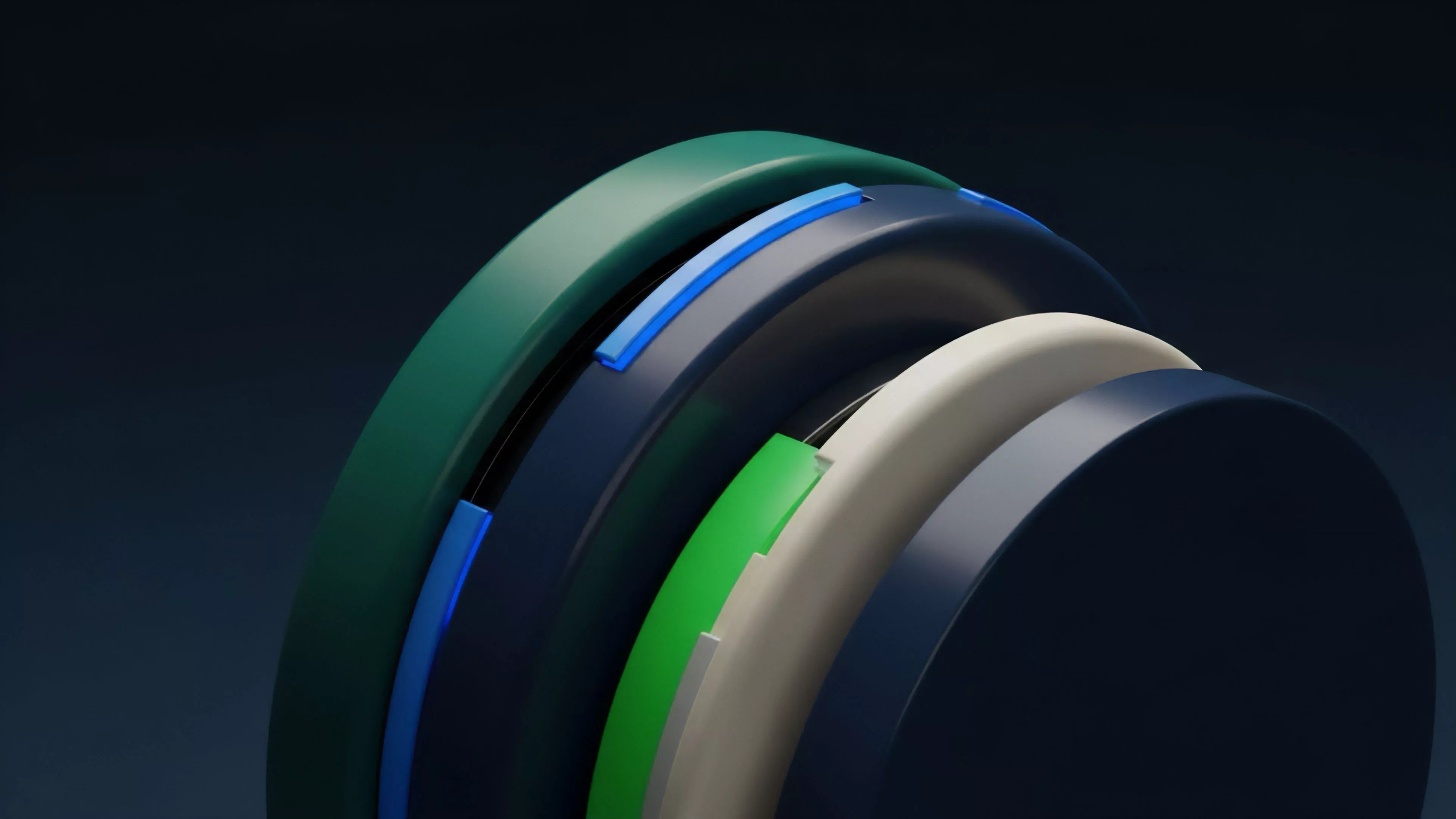 A dark background showcases abstract, layered, concentric forms with flowing edges. The layers are colored in varying shades of dark green, dark blue, bright blue, light green, and light beige, suggesting an intricate, interconnected structure