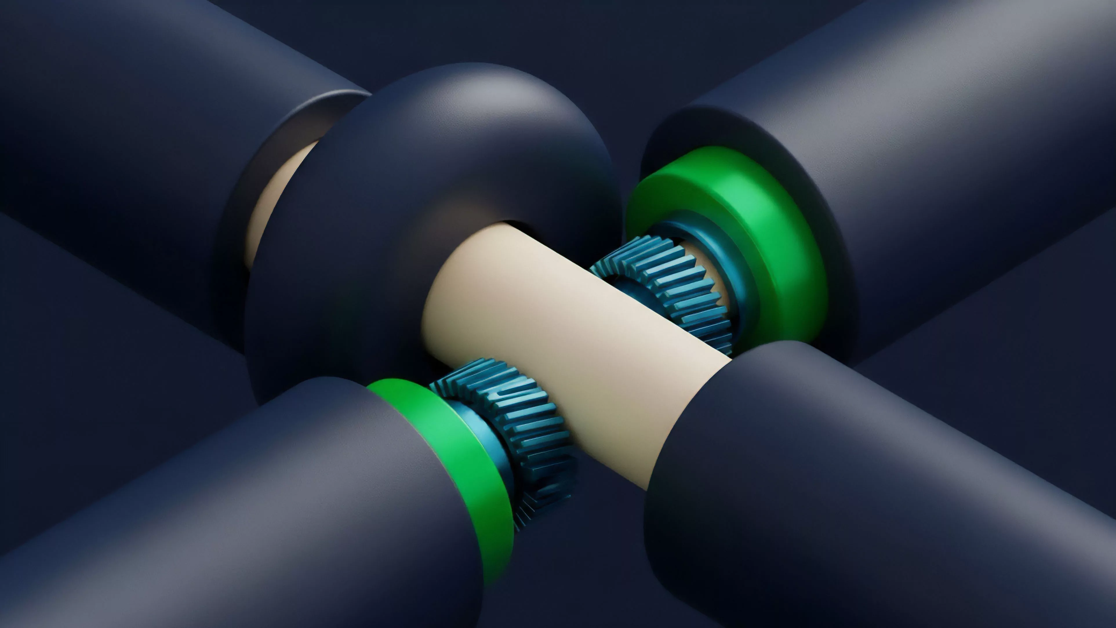 A complex mechanical joint illustrates a cross-chain liquidity protocol where four dark shafts representing different assets converge. The central beige rod signifies the core smart contract logic driving the system. Teal gears symbolize the Automated Market Maker execution engine, facilitating capital efficiency and yield generation. This interconnected mechanism represents the composability of financial primitives, essential for advanced derivative strategies and managing collateralization risk within a robust decentralized ecosystem. The precision of the joint emphasizes the requirement for accurate oracle networks to ensure protocol stability.