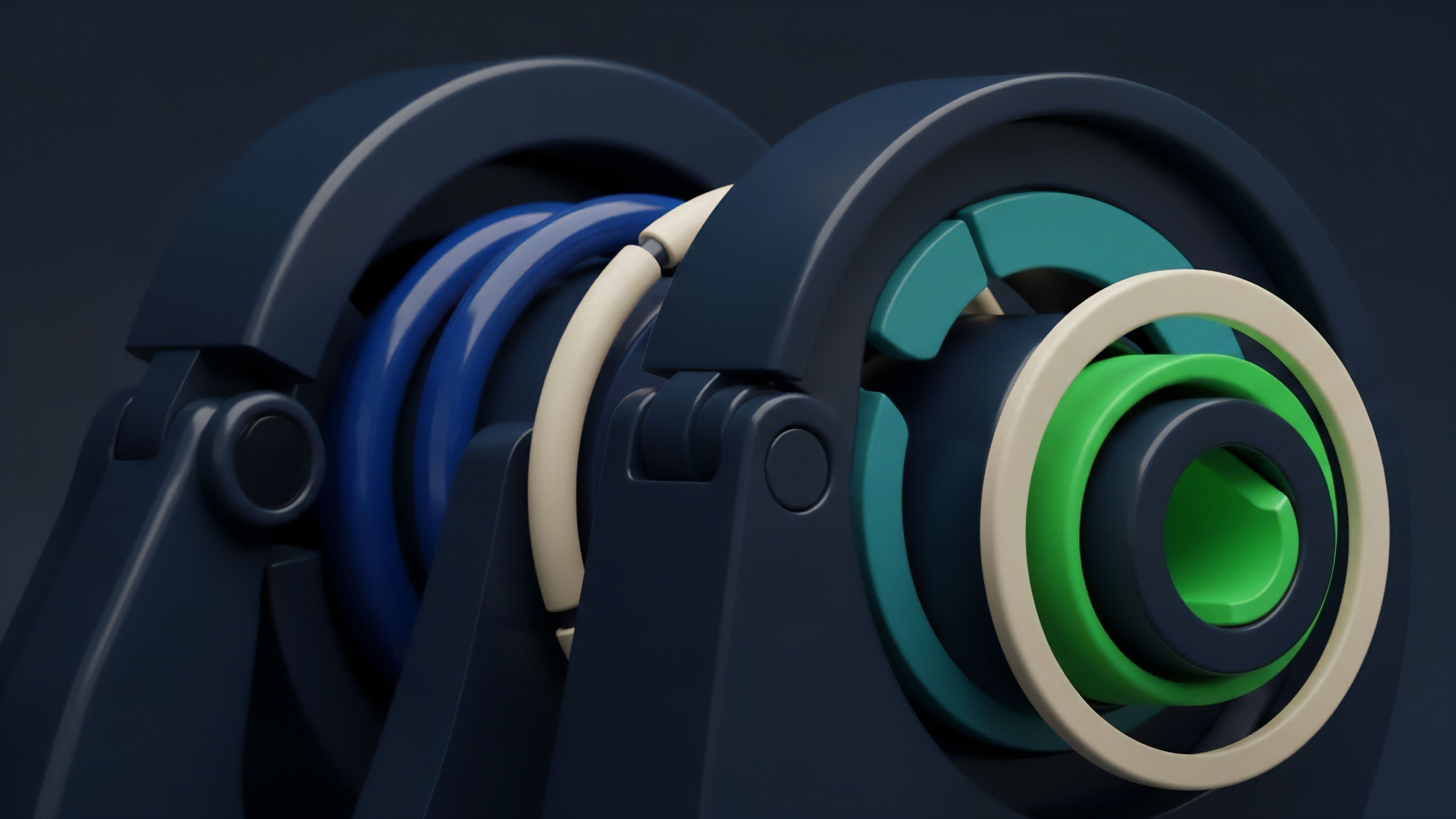 A 3D render displays a complex mechanical structure featuring nested rings of varying colors and sizes. The design includes dark blue support brackets and inner layers of bright green, teal, and blue components